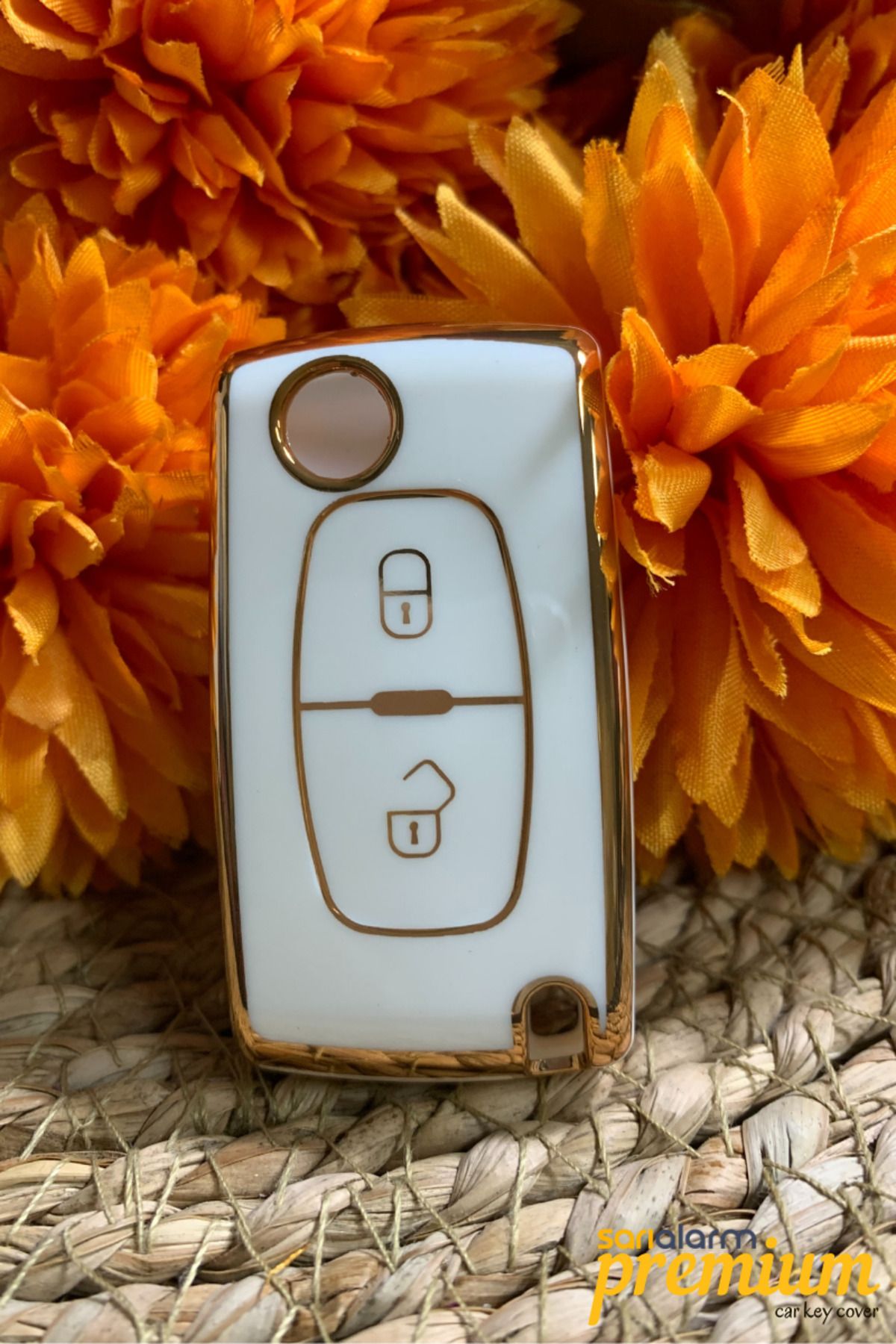 Sarı Alarm Premium Peugeot Citroen 2 Buton Sustalı Beyaz Oto Anahtar Kumanda Kabı Kılıfı