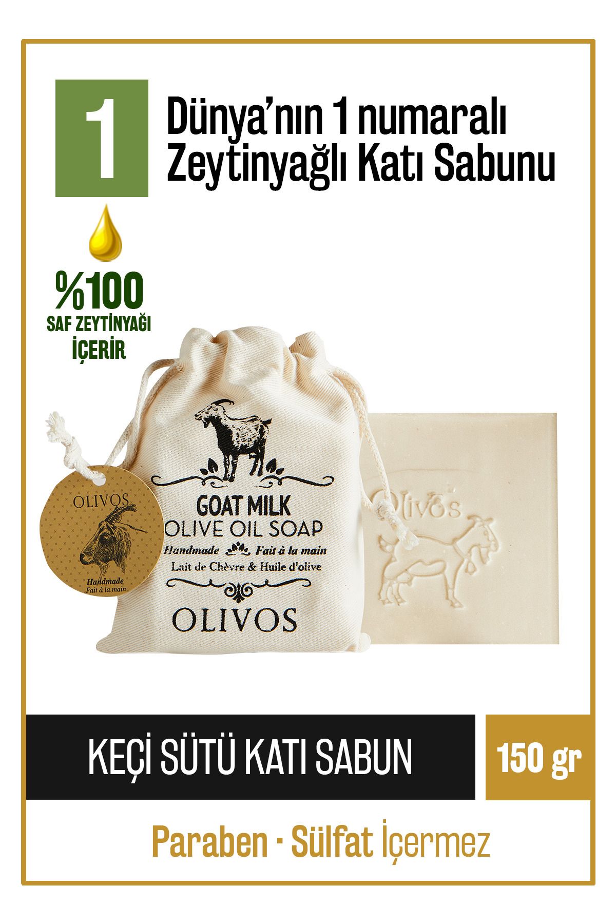 Olivos Doğal Keçi Sütü Ve Zeytinyağlı Katı Sabun Keçi Sütlü El Sabunu Yoğun Nemlendirici Kese Hediye 150 Gr