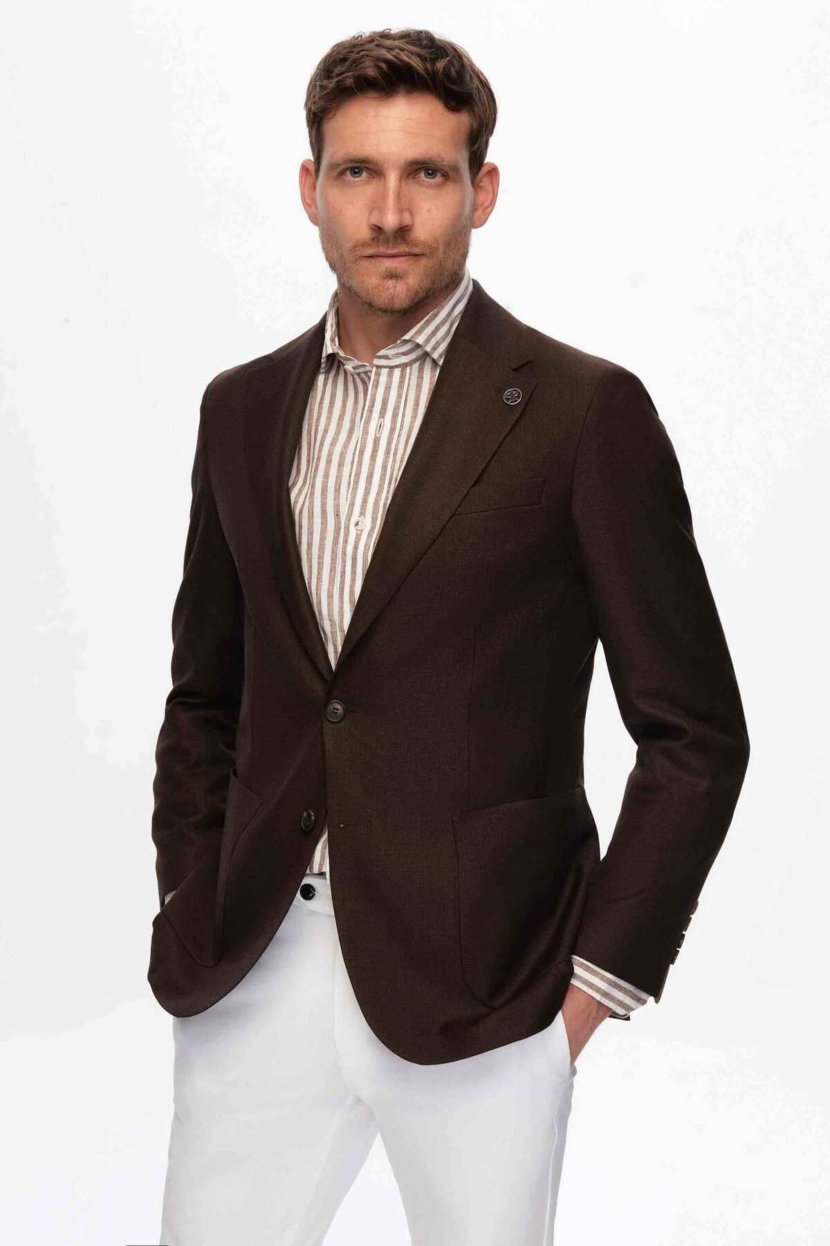 Damat Slim Fit Açık Kahverengi Dokulu Yünlü 150's Loro Piana Kumaş Ceket