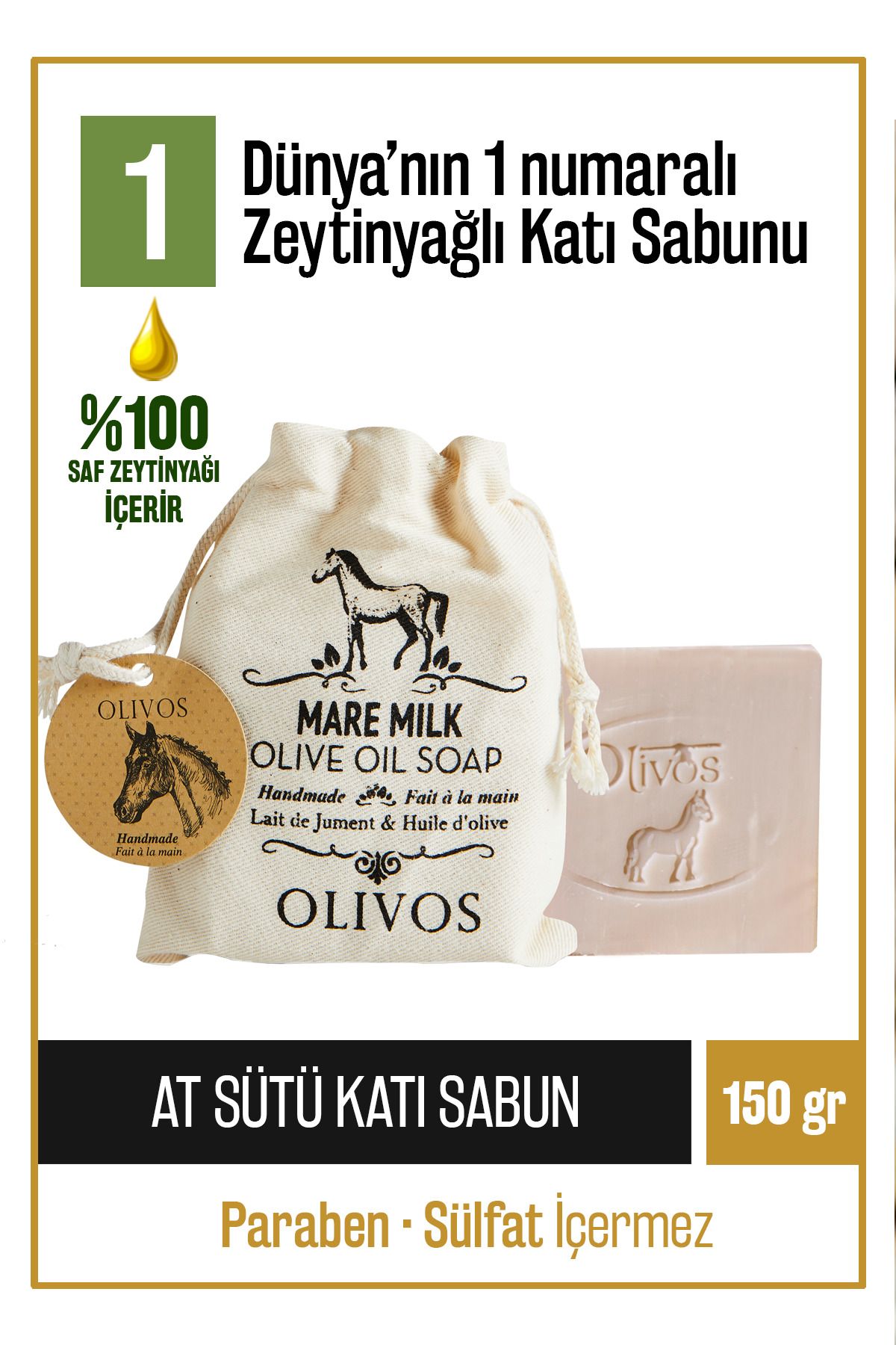 Olivos Doğal At Sütü Ve Zeytinyağlı Katı Sabun At Sütlü El Sabunu Yoğun Nemlendirici Kese Hediye 150 gr