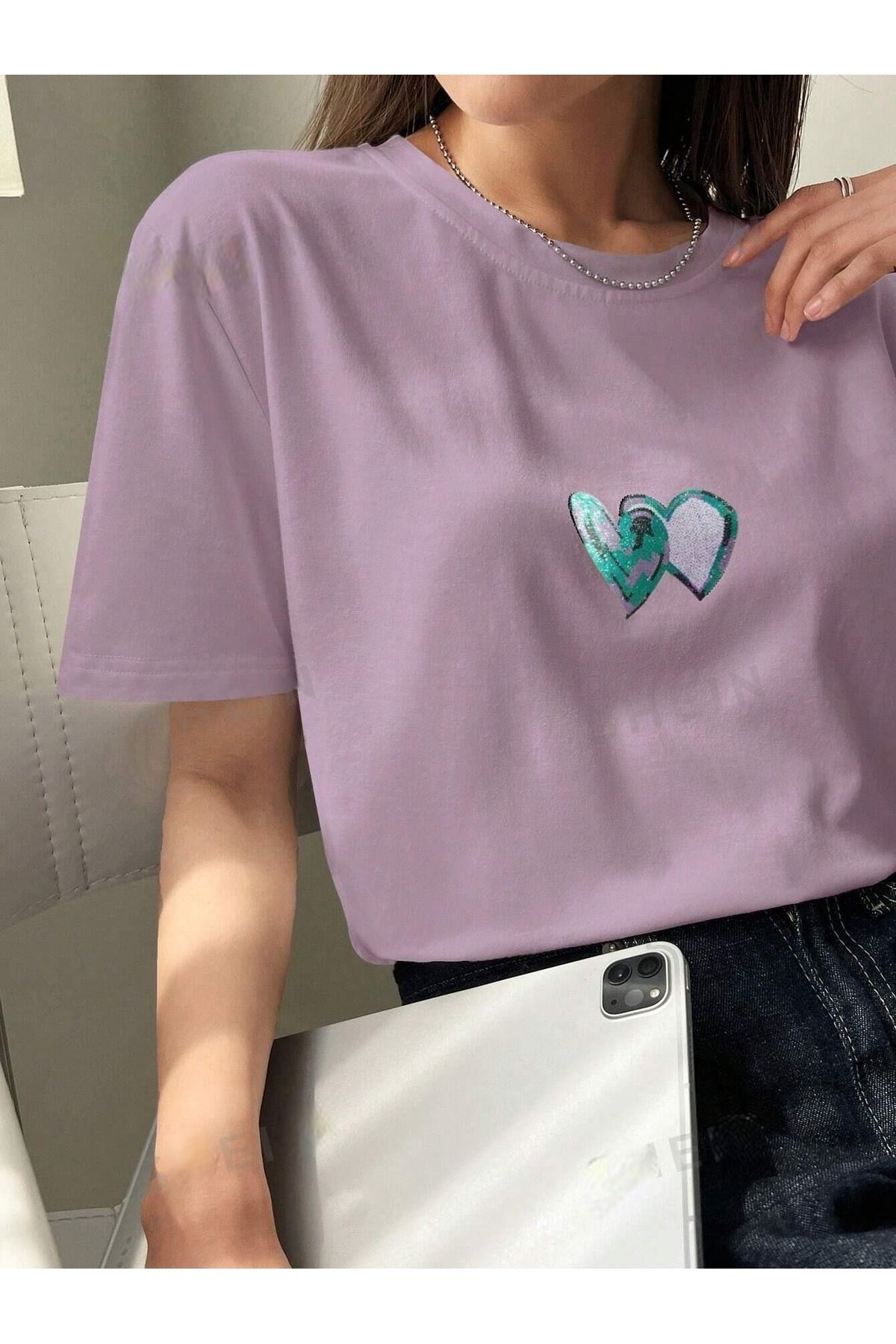 PALPİTO Kadın Lila Çift Kalp Baskılı Oversize T-Shirt