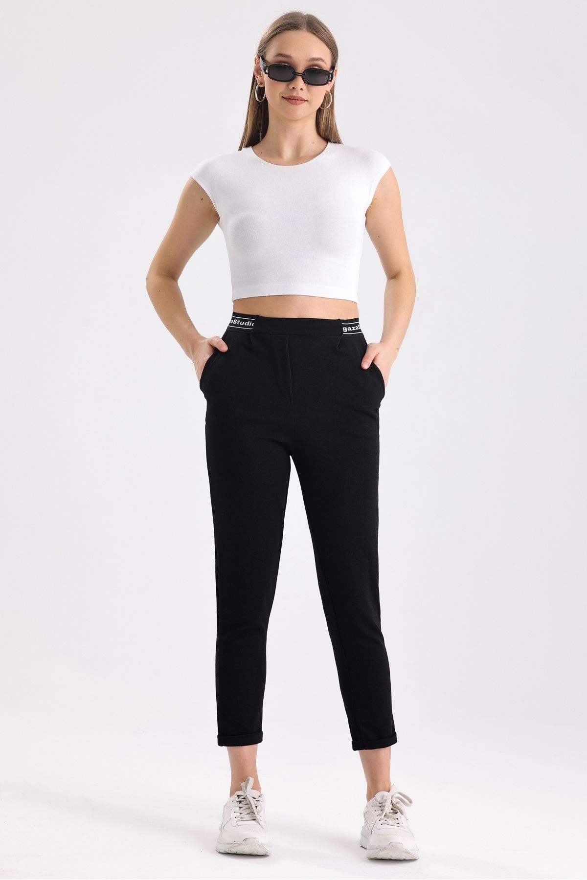 MD trend Kadın Duble Paça Bel Lastikli Pileli Şerit Detaylı Likralı Streç Pantolon