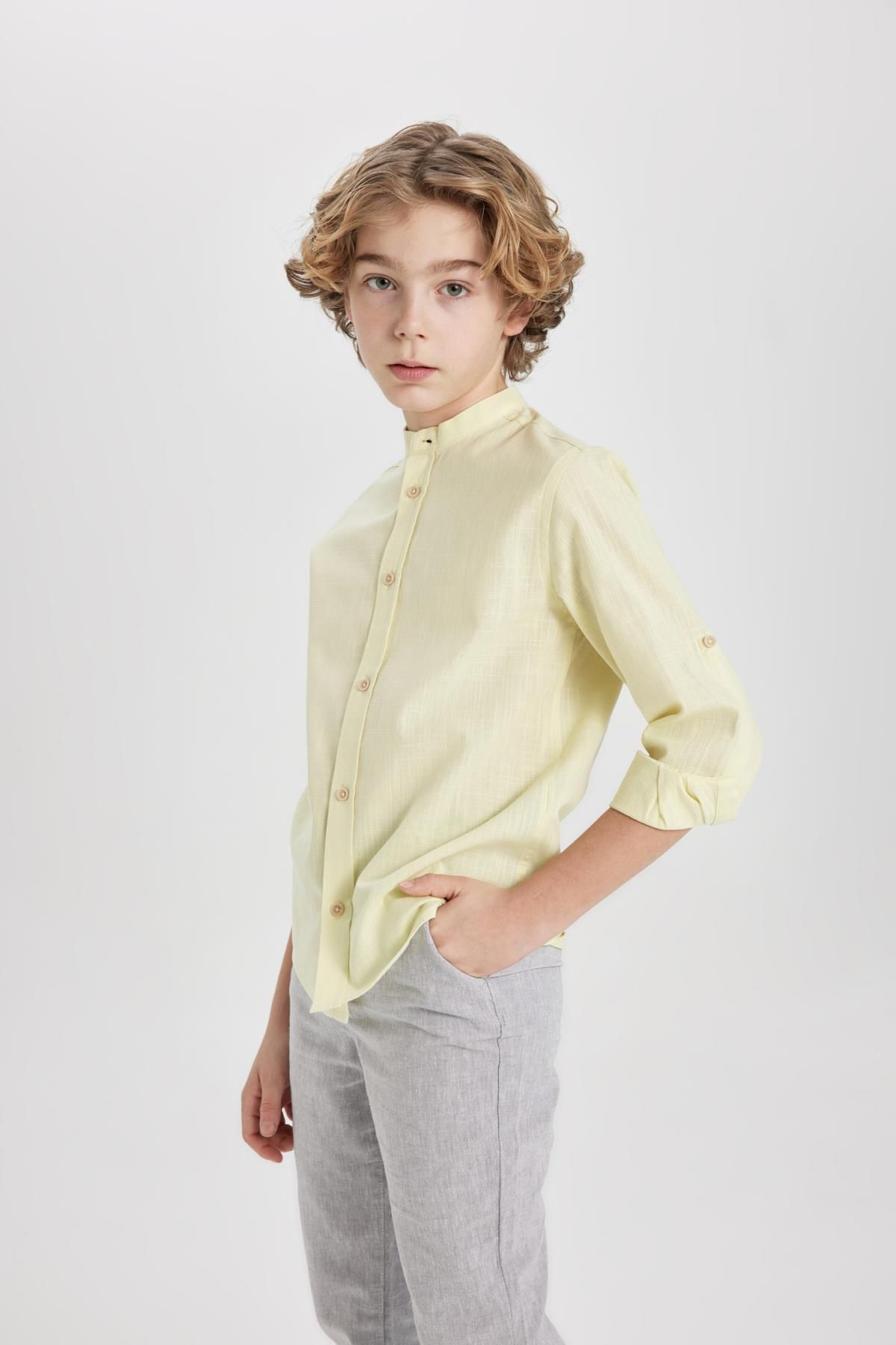 Defacto Erkek Çocuk Dik Yaka Uzun Kollu Gömlek B5982a824sm