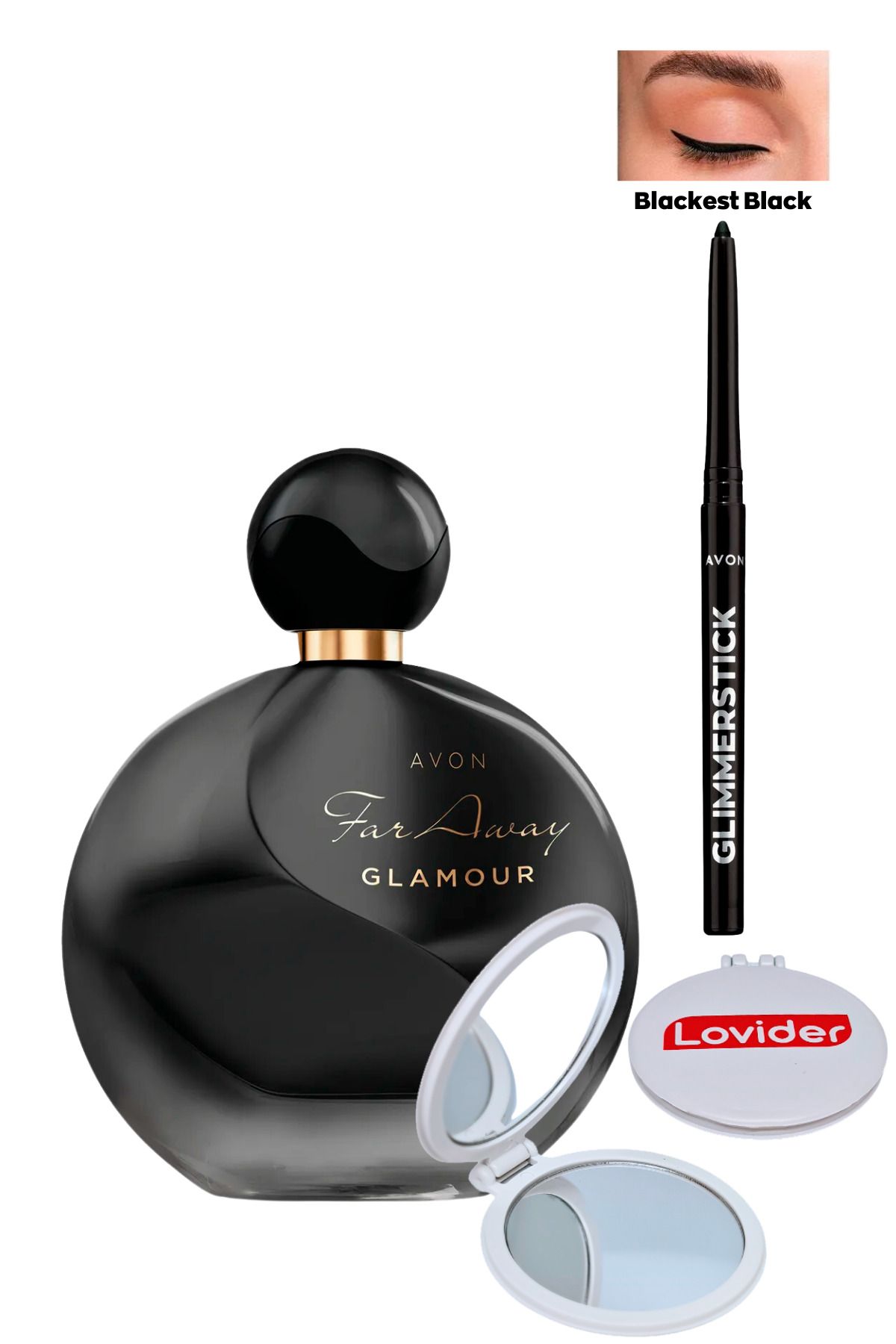 Avon Far Away Glamour Kadın Parfümü EDP 50ml + Siyah Göz Kalemi + Lovider Cep Aynası