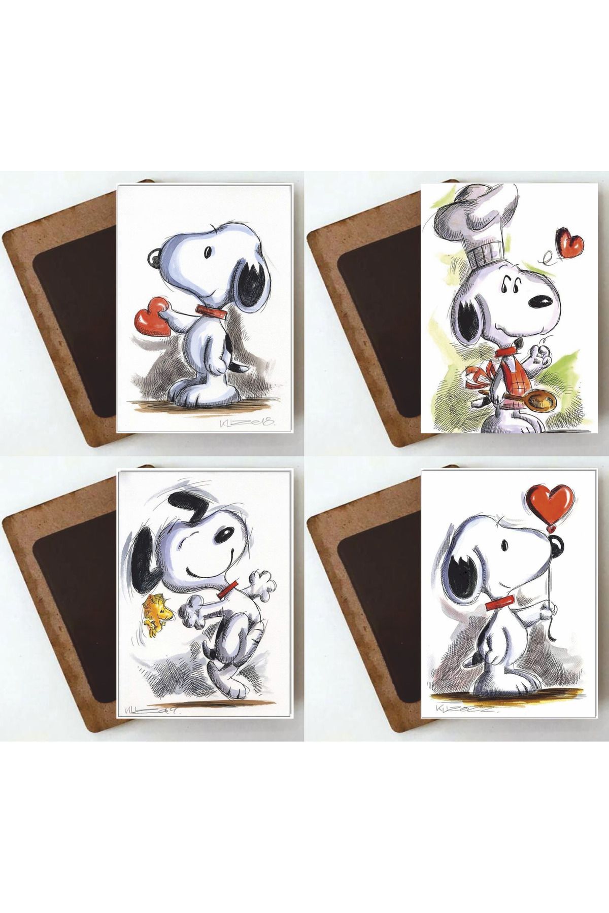 Hayat Poster köpek snoopy sevimli halleri 4lü ahşap magnet buzdolabı süsü