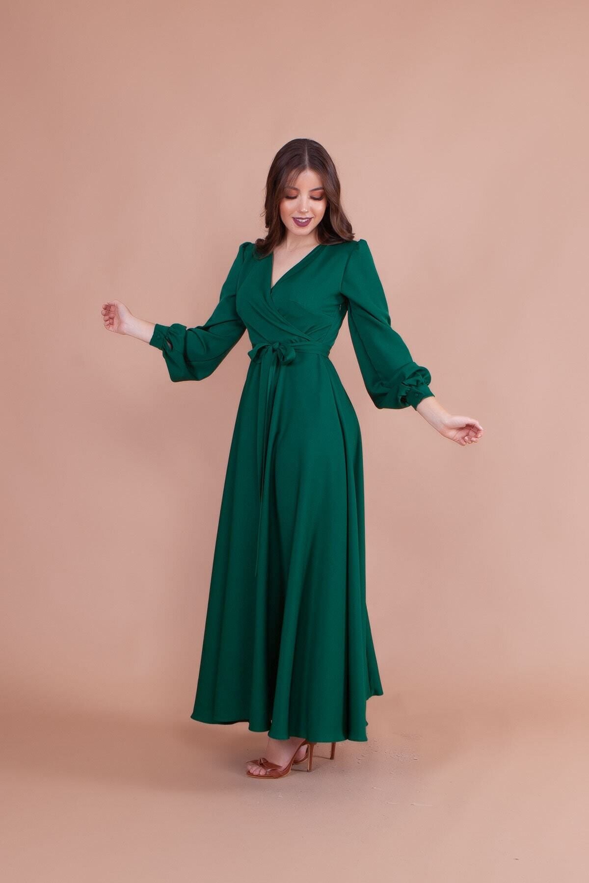 Secret Passion Lingerie Yeni Sezon Kadın Esnek  Kumaş Kuşaklı Kruvaze Yaka Uzun Kollu Maxi Abiye Elbise