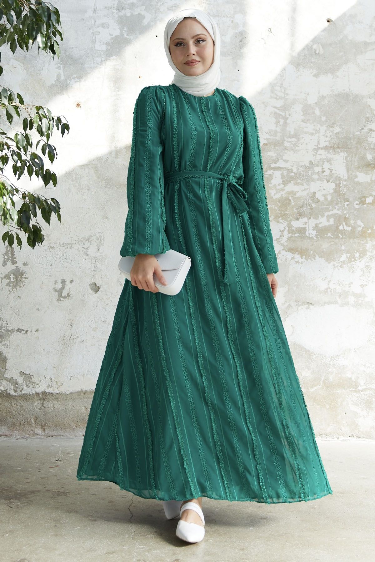 InStyle Boydan Bürümcük Şifon Elbise - Zümrüt Yeşili