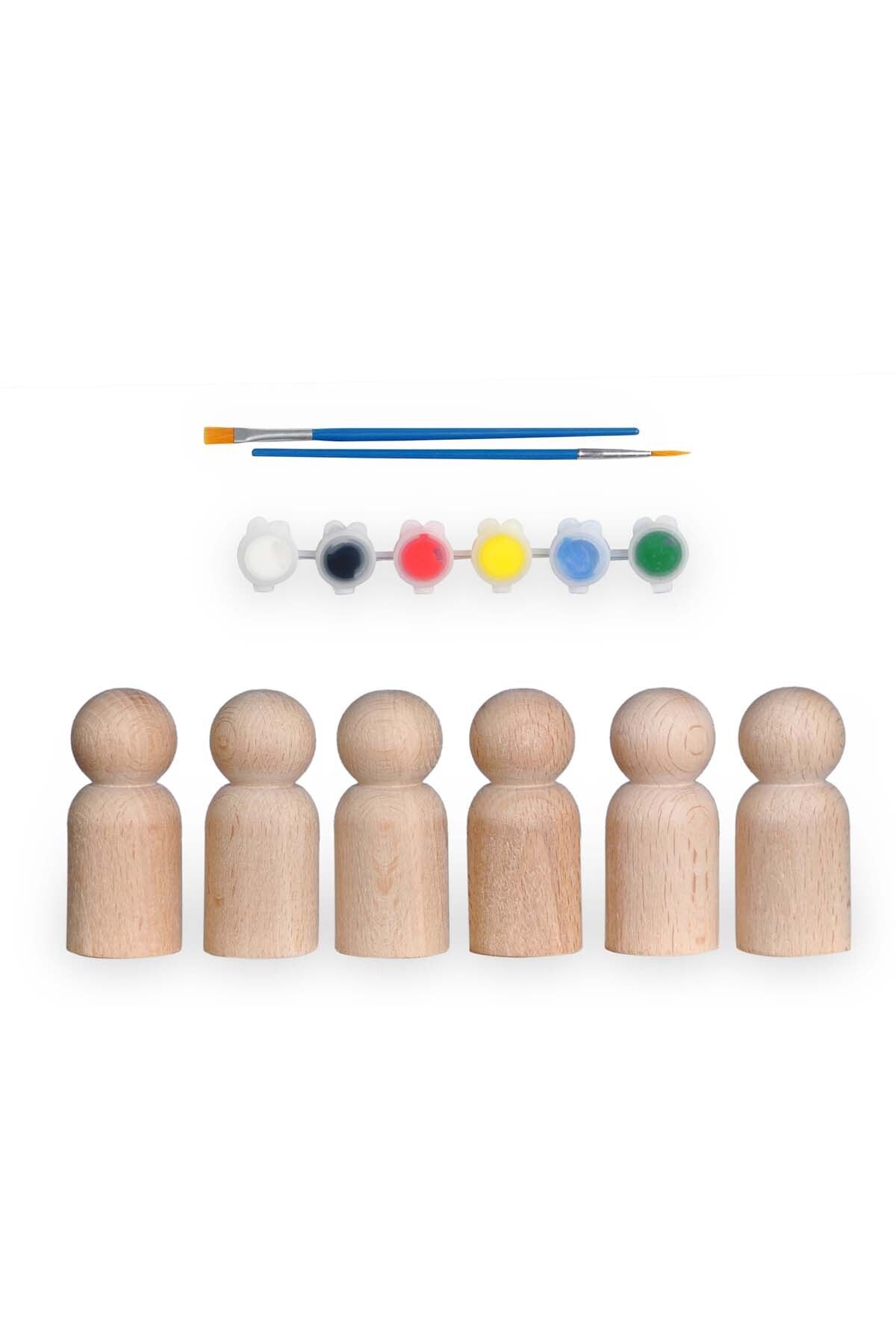 ALGWOOD Montessori Toys Ahşap El Yapımı Peg Bebek 6'lı Boyama Seti Fırça Boya Dahil -peg8-7,5cm