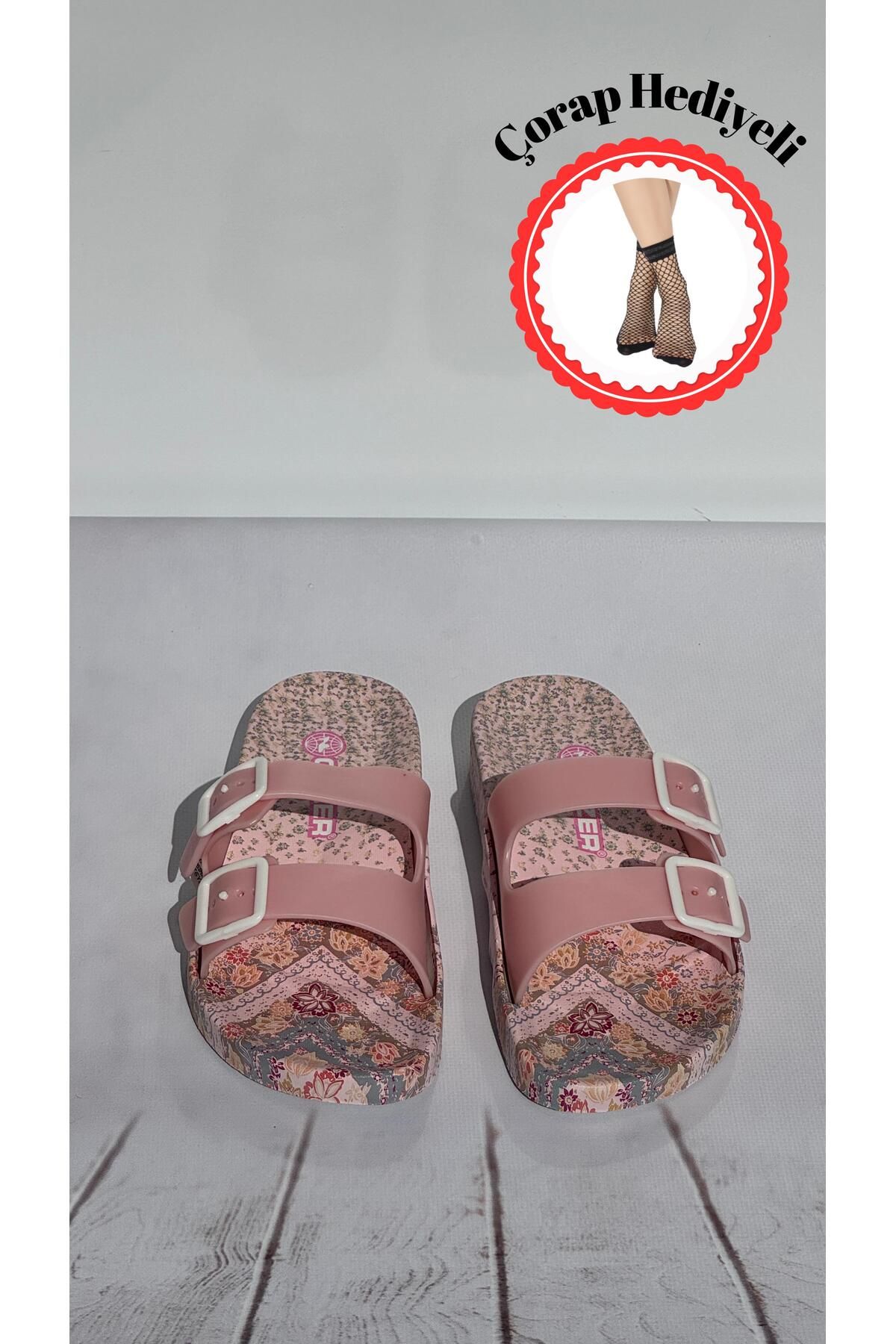 Gezer Anatomik Taban Kaydırmaz Plastik Ayarlanabilir Çift Tokalı Kadın Terlik ( Çorap Hediyeli )