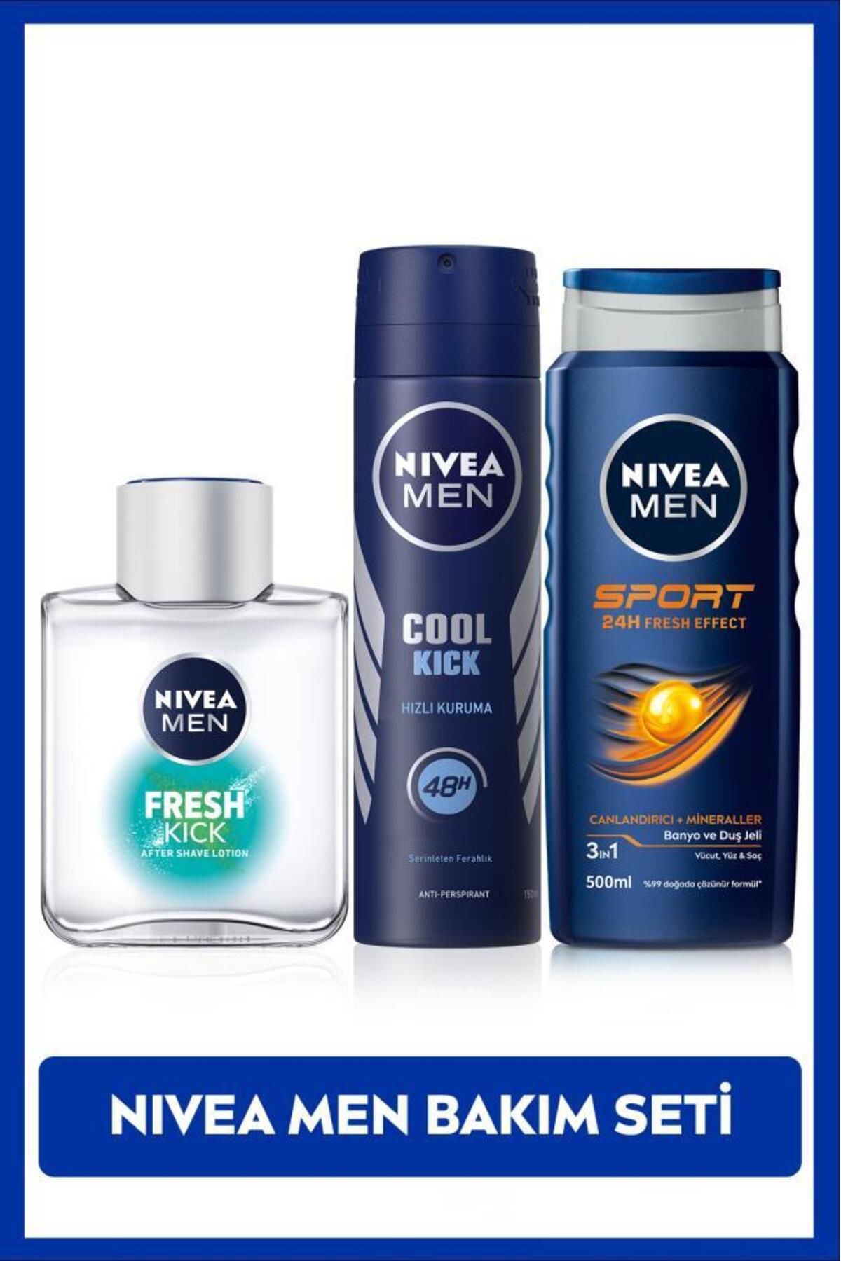 NIVEA Erkek Cool Kick Fresh Sprey Deodorant 150ml, Kick Fresh Tıraş Sonrası Losyon, Sport Duş Jeli 500ml