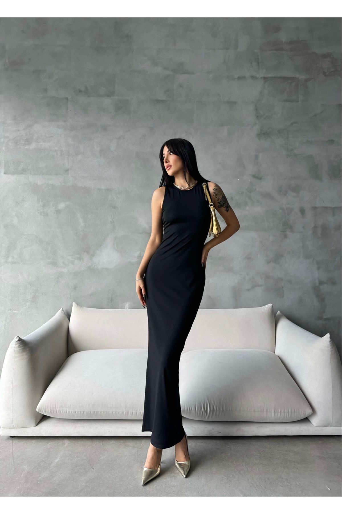 Eka Kadın Siyah Sıfır Kol Uzun Elbise 0956-1998