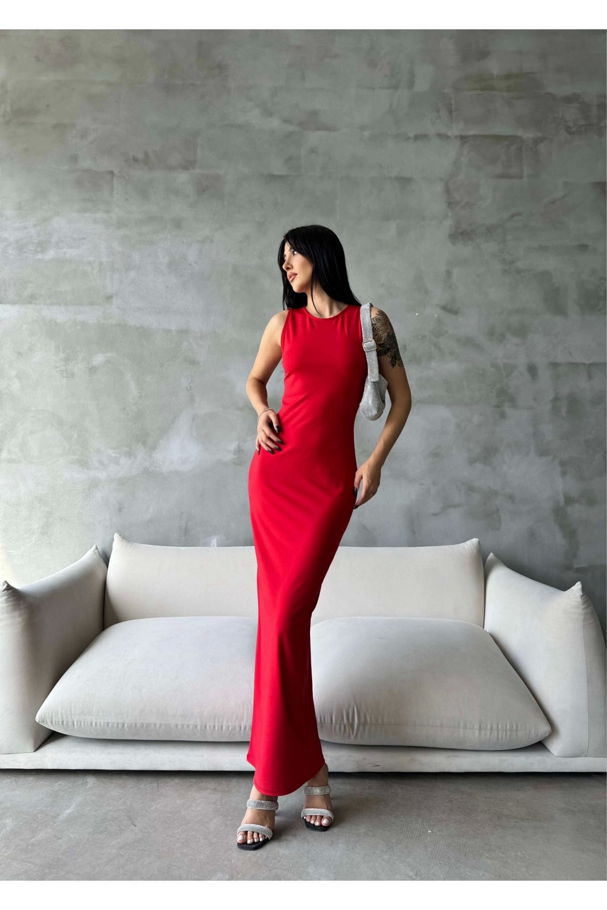 Eka Kadın Kırmızı Sıfır Kol Uzun Elbise 0956-1998