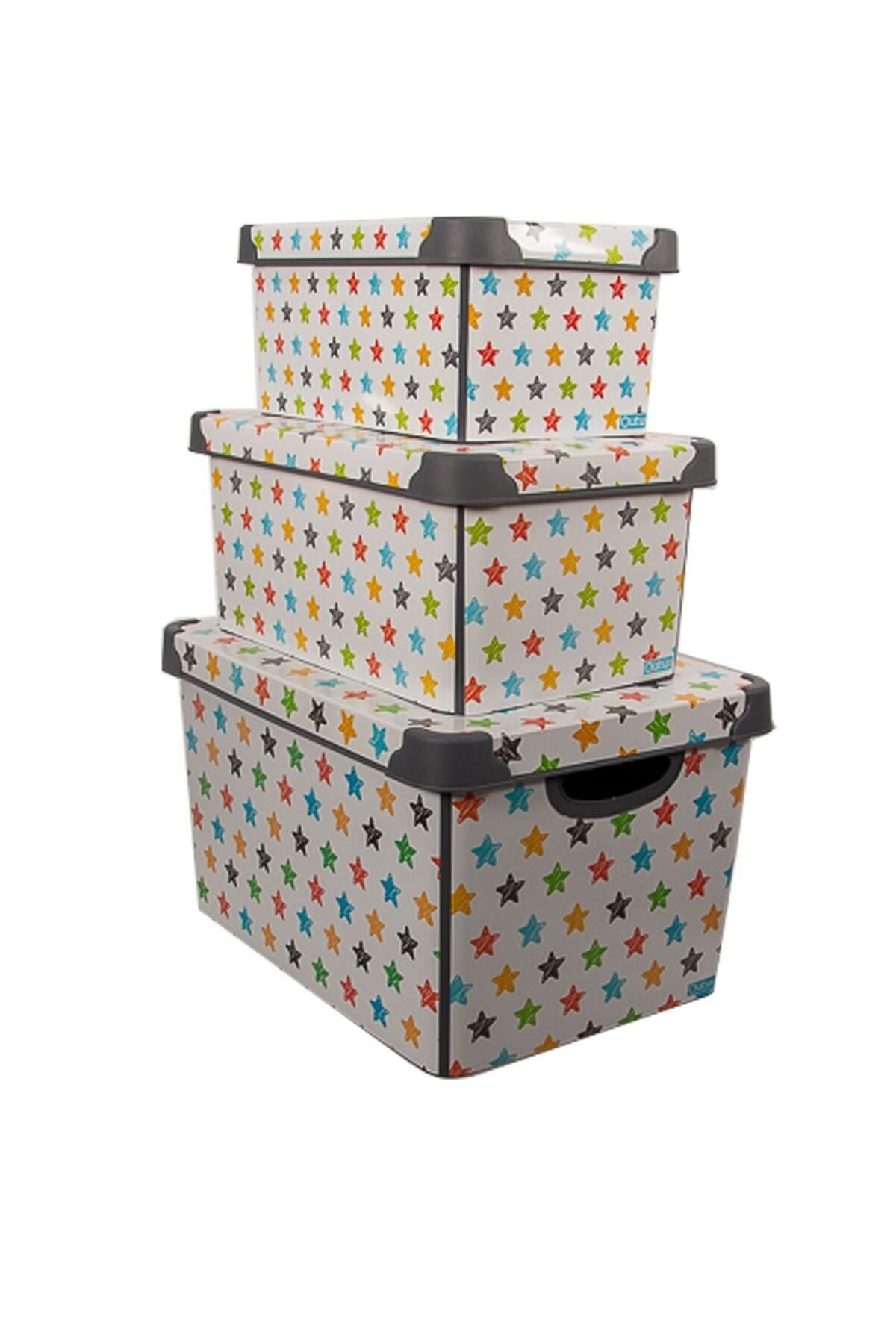 QUTU Style Box Colored Star - Set - 3 Parça Dekoratif Saklama Kutusu