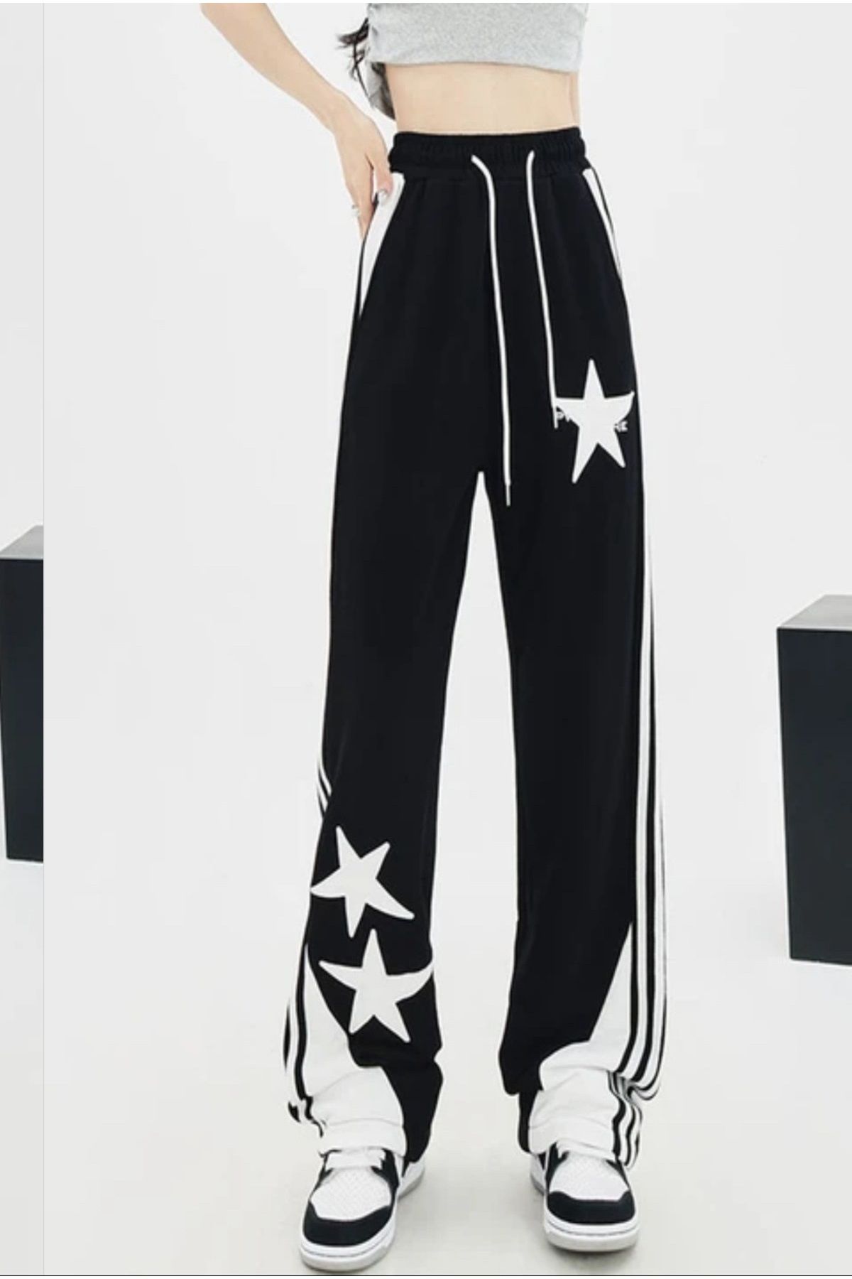 Köstebek NEFİGO Unisex Triple Star Yıldızlı Şeritli Siyah Alt Eşofman-Pantolon