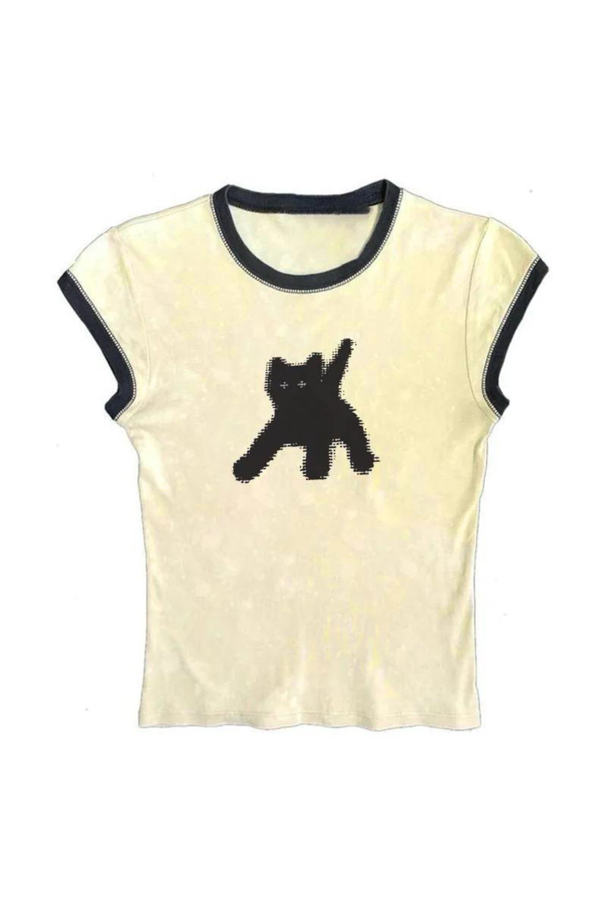 Köstebek Funny Black Cat Ekru Crop Tişört
