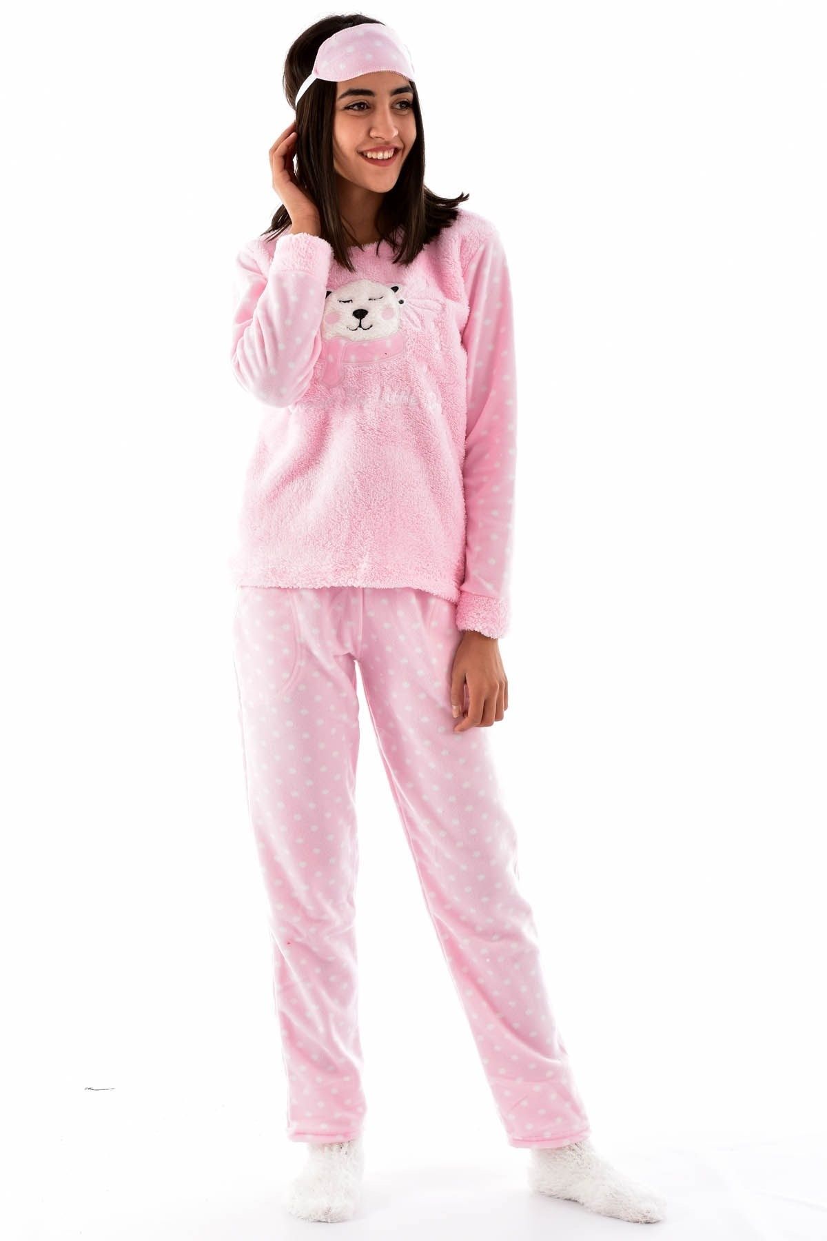 ARCAN Kadın 1117-2 Çoraplı Göz Bantlı Welsoft Polar Pijama Takımı Pembe