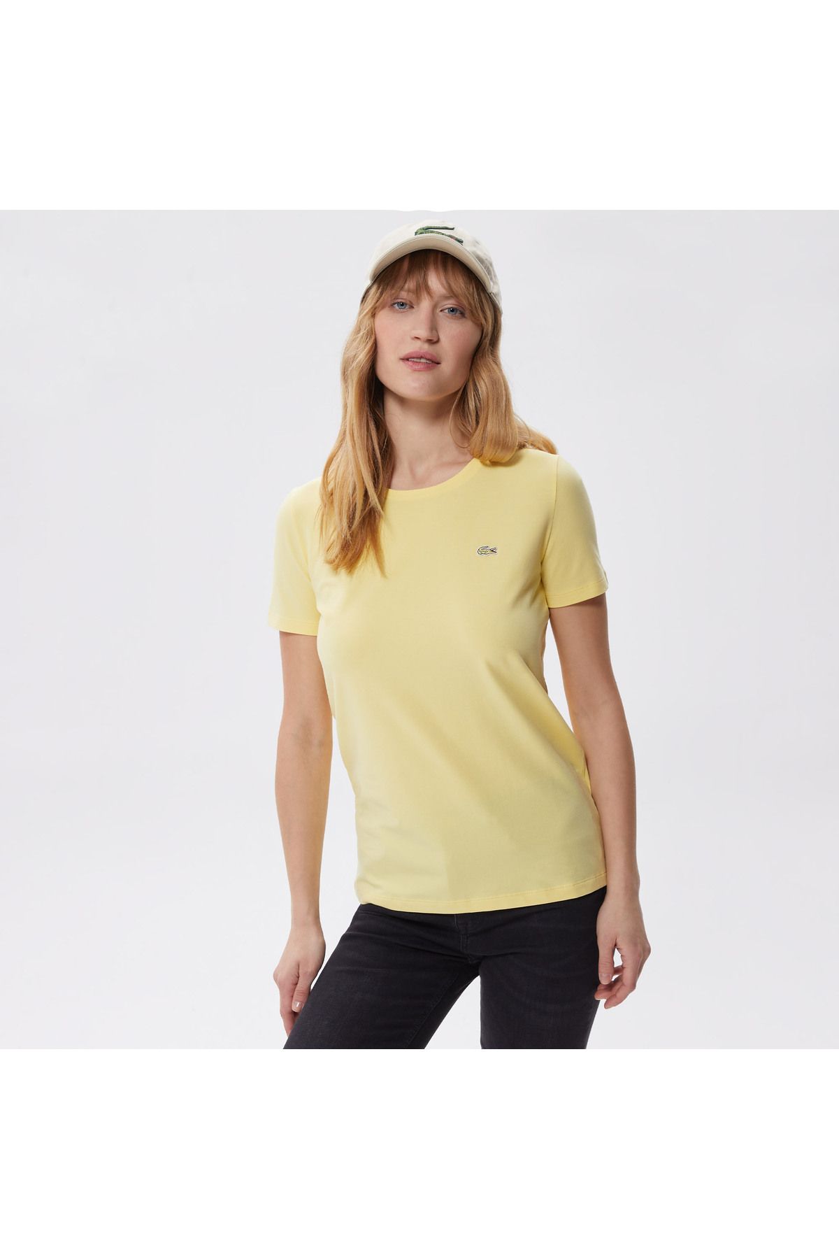 Lacoste Kadın Slim Fit Bisiklet Yaka Sarı T-shirt