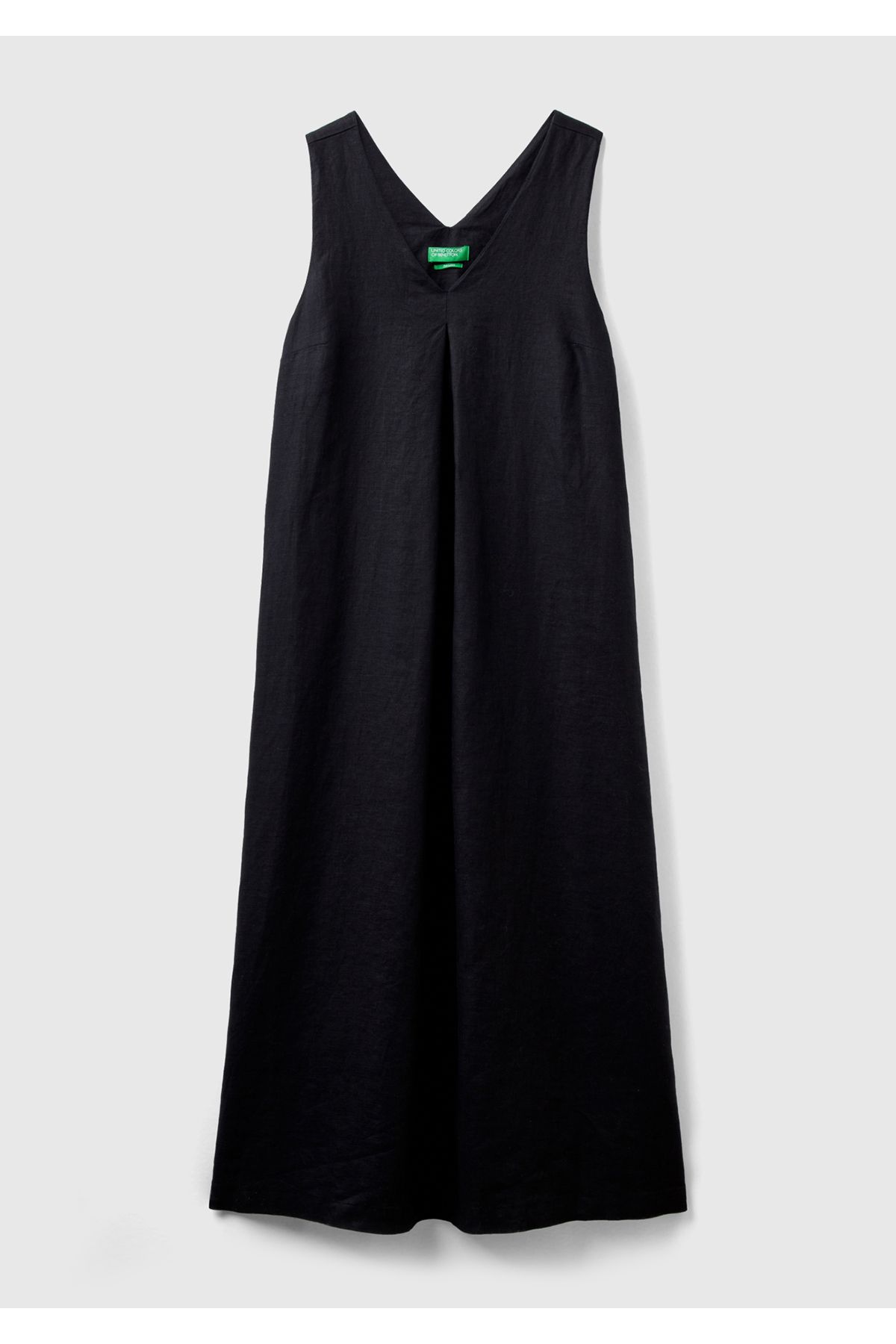 United Colors of Benetton Kadın Siyah %100 Keten V Yaka Kolsuz A Kesim Midi Elbise