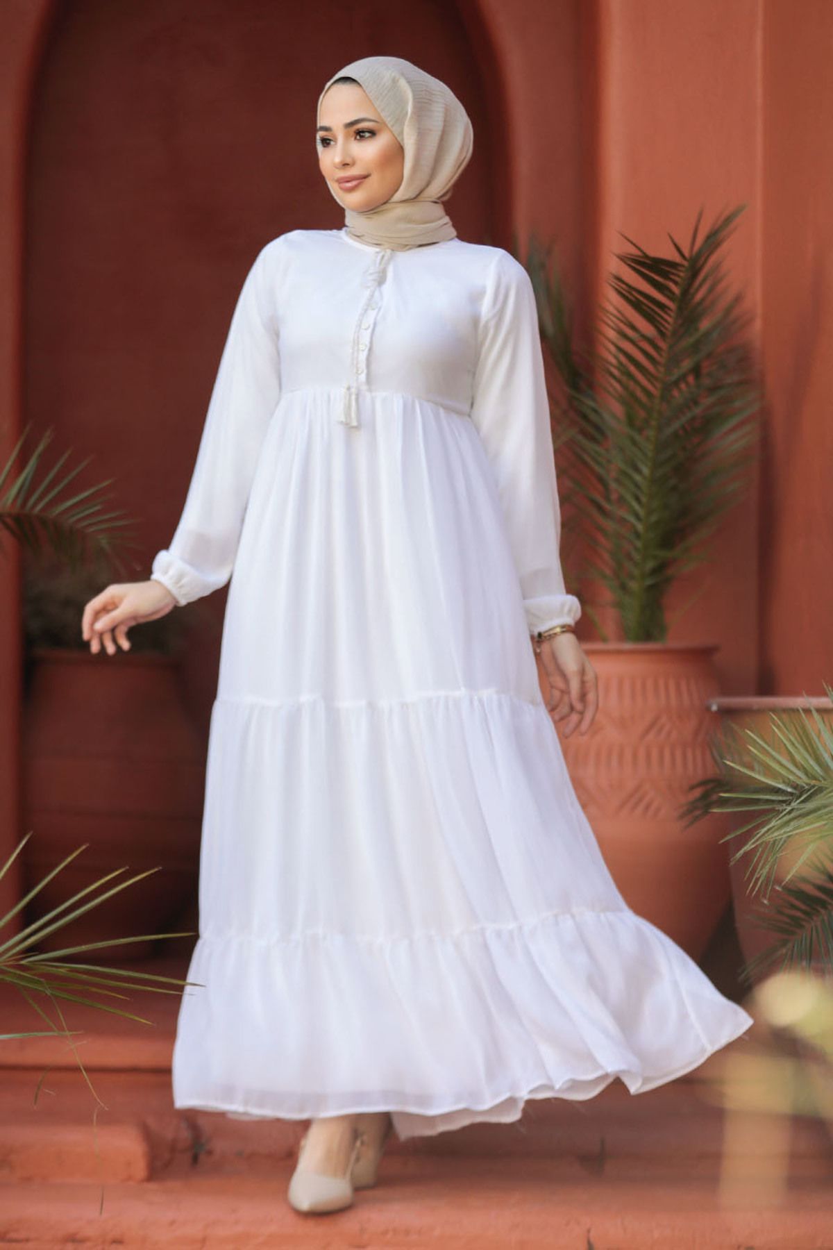 Neva Style Kat Piliseli Beyaz Tesettür Elbise 22051B