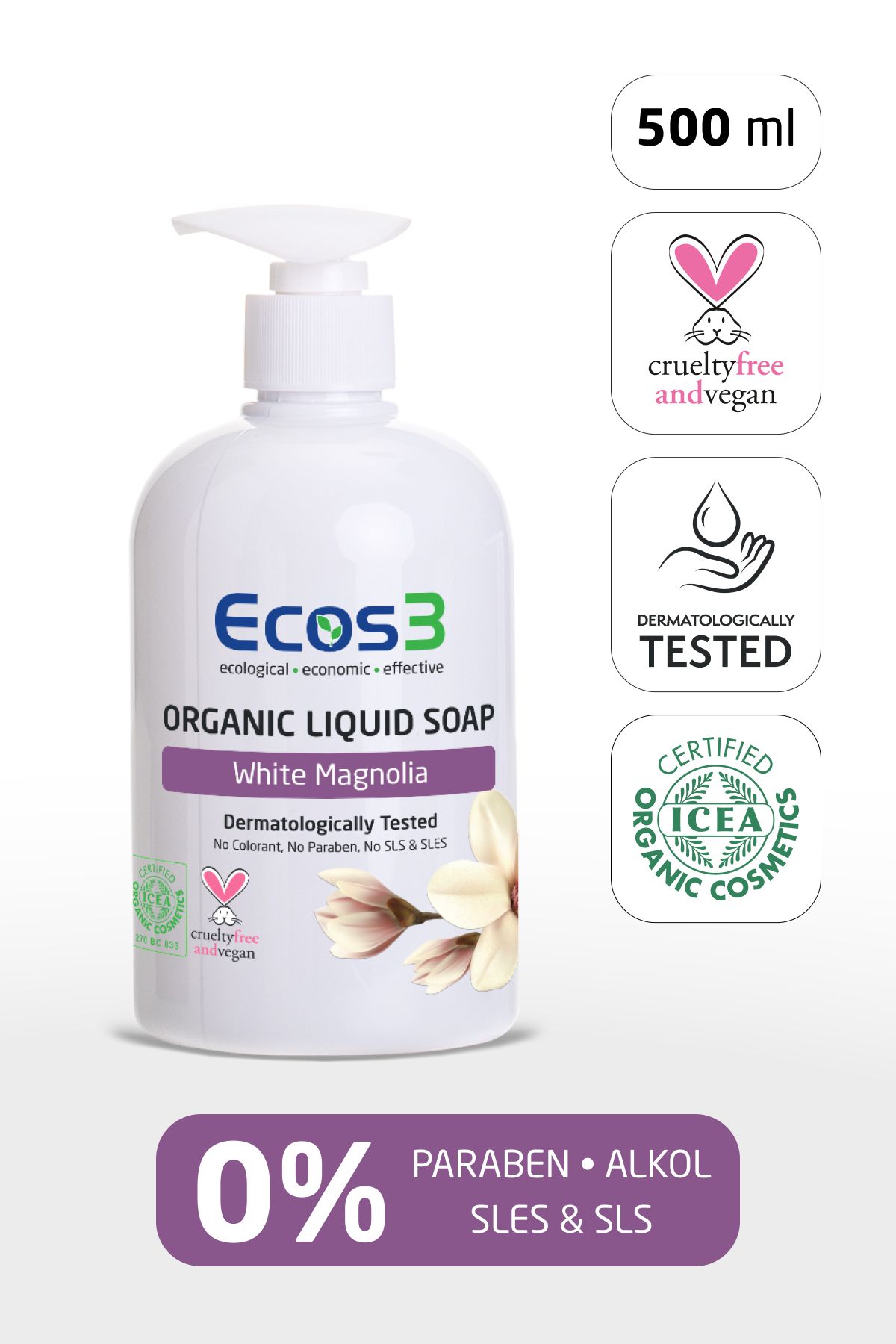 Ecos3 Sıvı Sabun, Organik & Vegan Sertifikalı, Ekolojik, Hipoalerjenik, Beyaz Manolya, 500ml