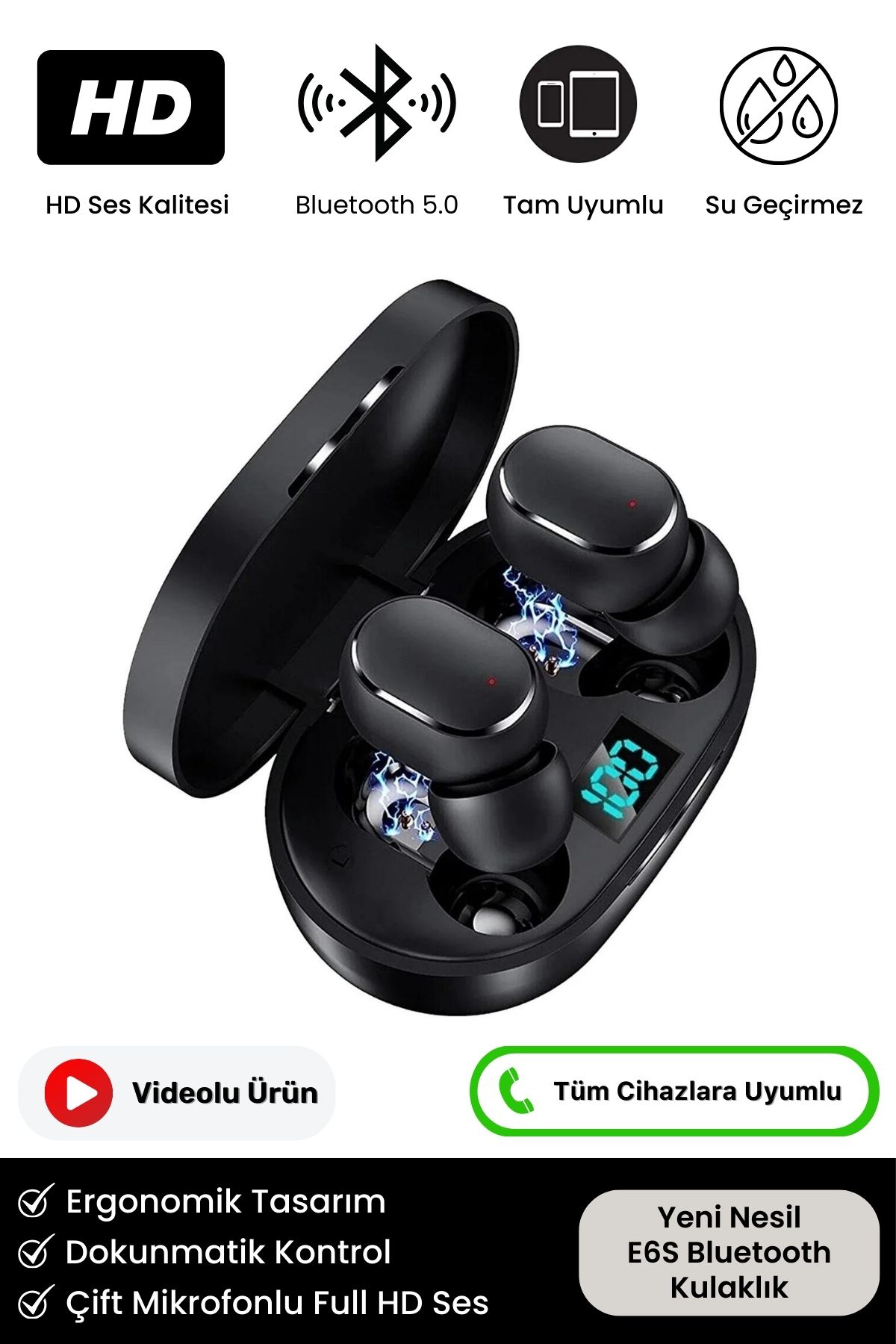 Noriyen Yeni Nesil E6s Dots Hd Ses Çift Mikrofonlu Extra Bass Powerbank Kablosuz 5.0 Bluetooth Kulaklık