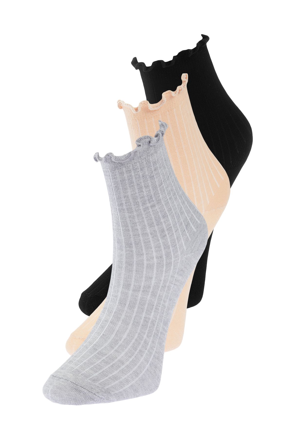 TRENDYOLMİLLA Siyah-Gri-Bej 3'lü Paket Pamuklu Lastik Ağzı Marul Detaylı Örme Çorap THMAW24CO00019