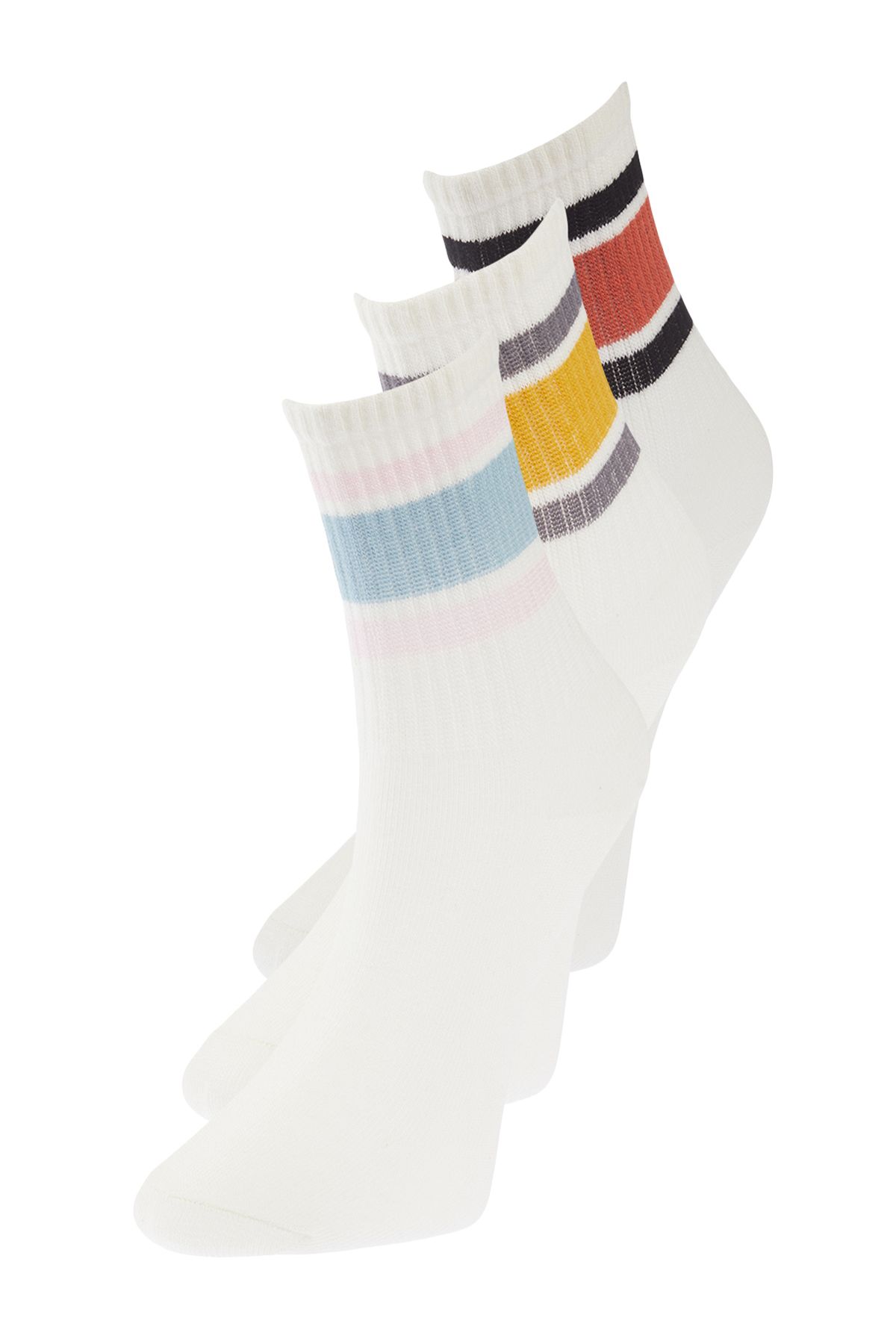 TRENDYOLMİLLA Beyaz 3'lü Paket Pamuklu Çizgili Örme Çorap THMSS24CO00002