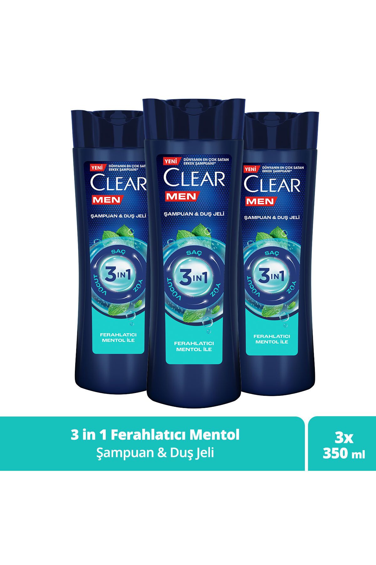 Clear Men 3 In 1 Şampuan & Duş Jeli Ferahlatıcı Mentol Saç Yüz Vücut Için 350 ml X3