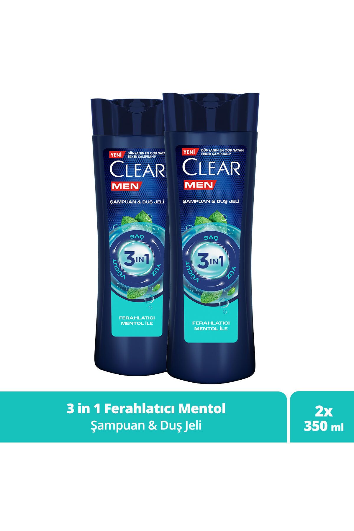 Clear Men 3 in 1 Şampuan & Duş Jeli Ferahlatıcı Mentol Saç Yüz Vücut İçin 350 ml x2