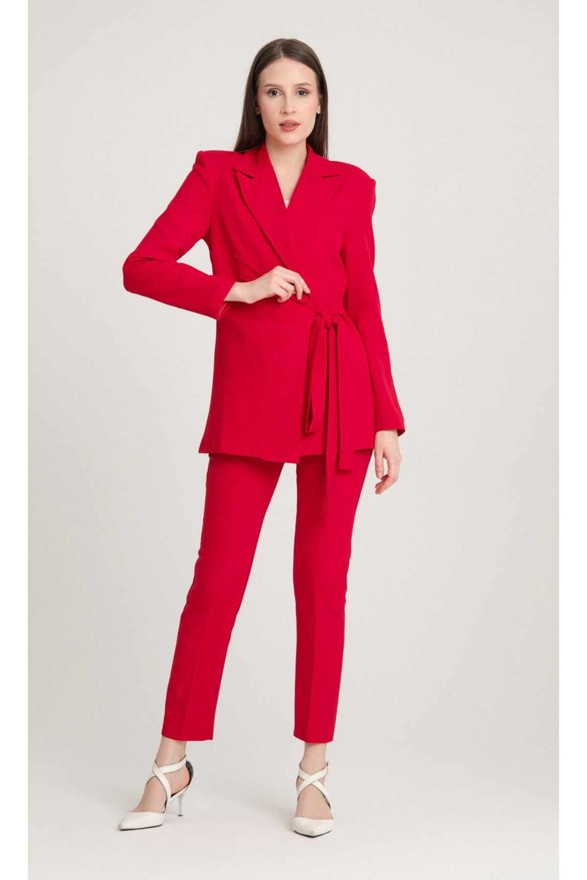 pembekurdelem Kadın Bağlamalı Ceket Pantolon Takım Kırmızı