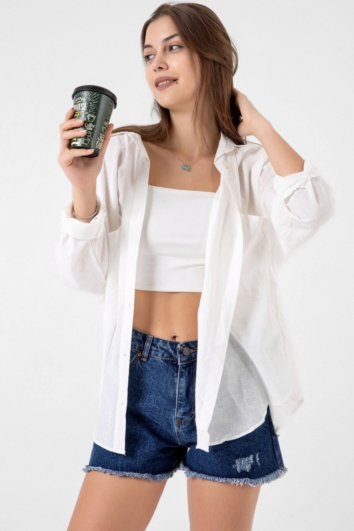 bb butik basic Kadın Çift Cepli Oversize Keten Dokuma %100 Pamuk Gömlek
