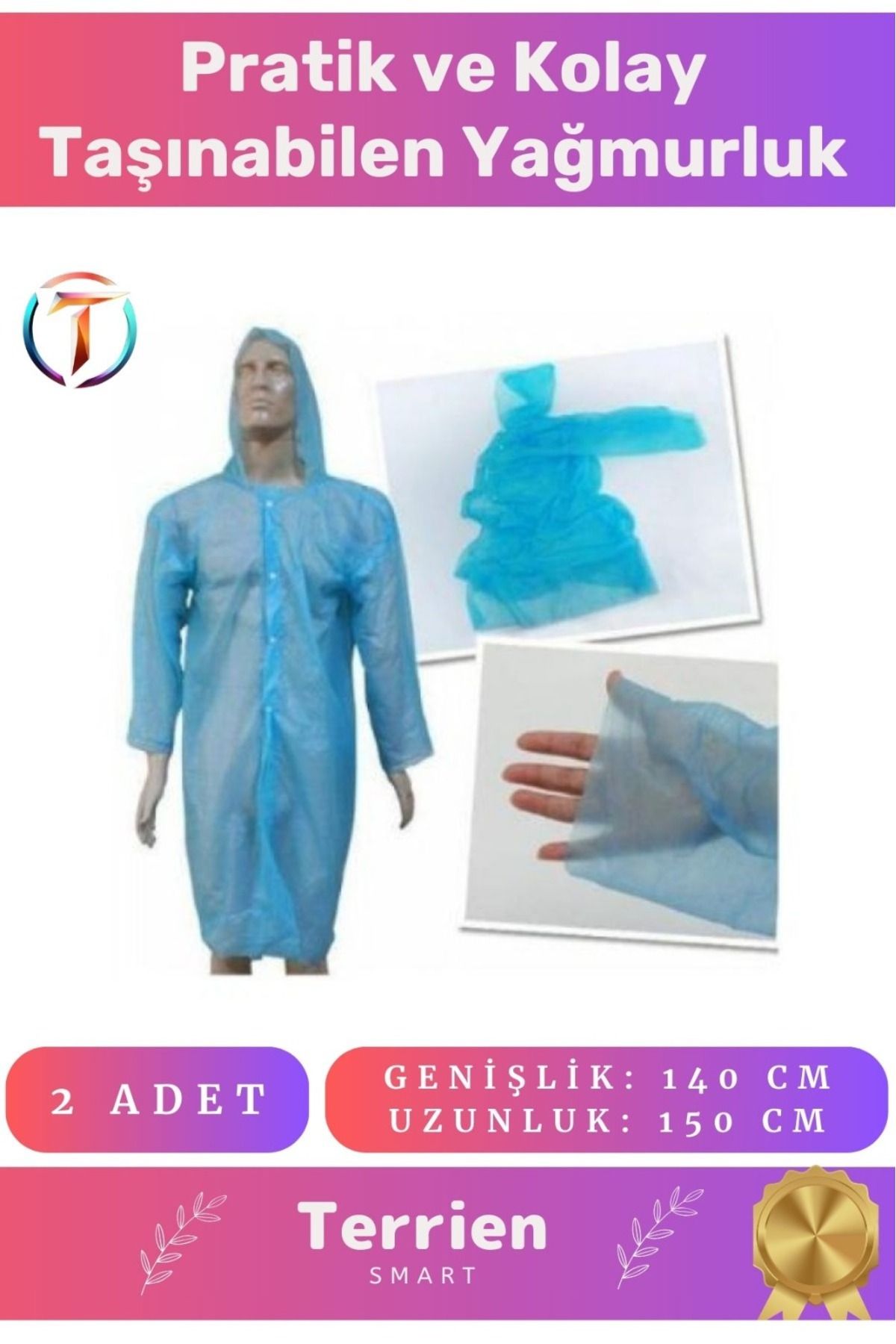 Terrien Smart Seri Pratik Tek Kullanımlık Unisex 2 Adet Su Geçirmez Kapüşonlu Çıtçıtlı Standart Yağmurluk