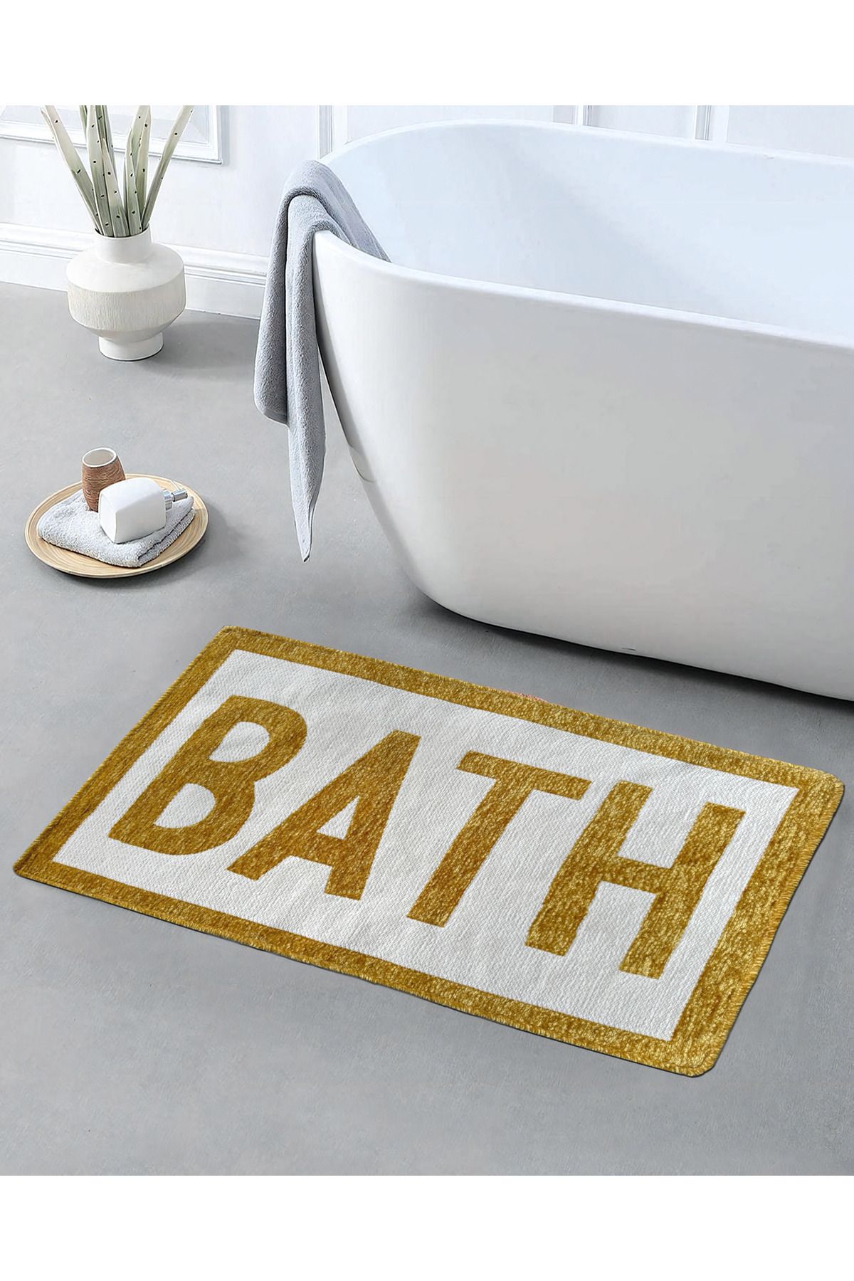 RUGSMODERN Bath Yazılı Hardal Ekru Dokuma Banyo Paspası 90×57