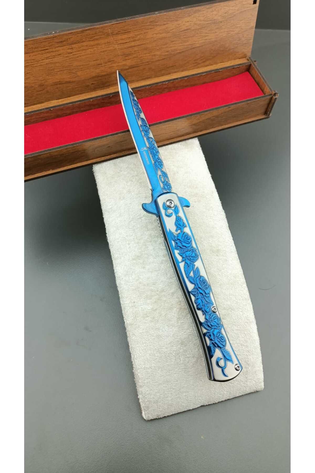 SAİD UYAR Tactical Line Mavi Gravür Sustalı Benzeri Işlemeli Yunus Model Çakı - Bıçak Koleksiyon Amaçlı