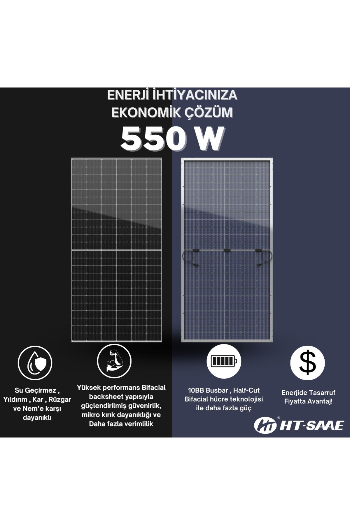 HT-SAAE Ht72-18x Transparan Şeffaf 550 Watt Güneş Enerji Paneli Half-cut Ile Yüksek Verimli Bifacial Hücre