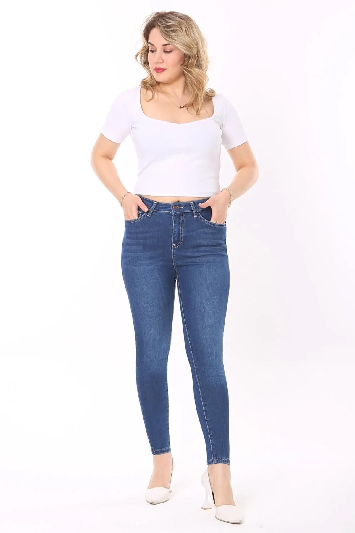 CEDY DENIM Kadın Mavi Yüksek Bel Dar Paça Süper Skinny Fit Esnek Bilek Boy Denim Jean Kot Pantolon C596