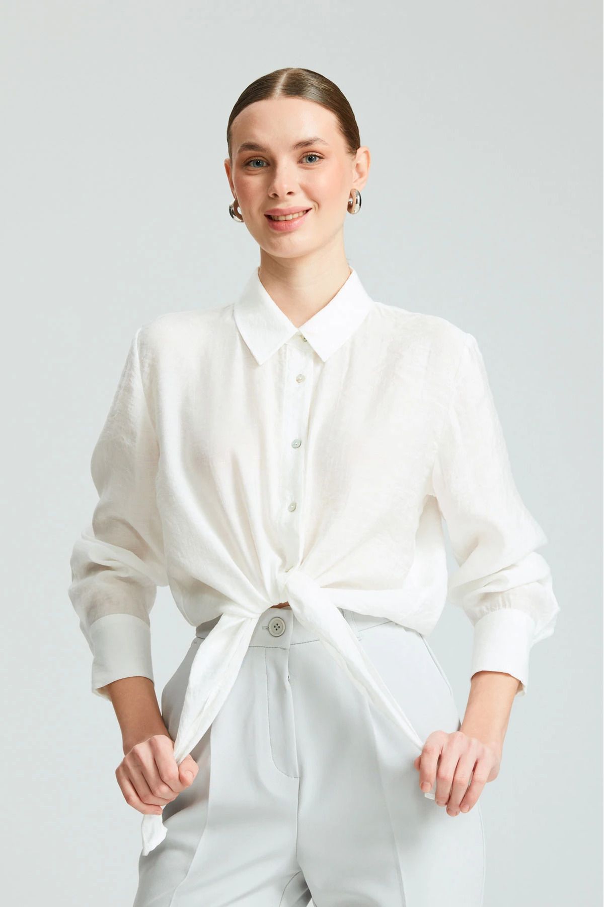 Gusto Bağlamalı Modal Gömlek - Beyaz