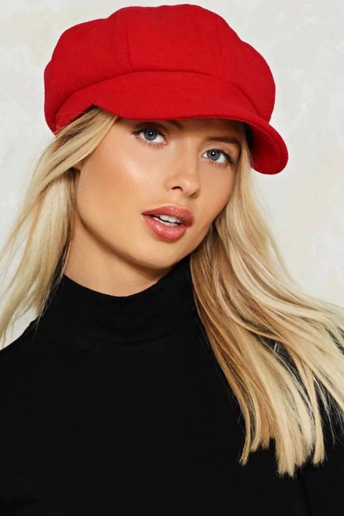 Külah Kırmızı Bayan Şapka Kadın Kasket Yün Flat Cap