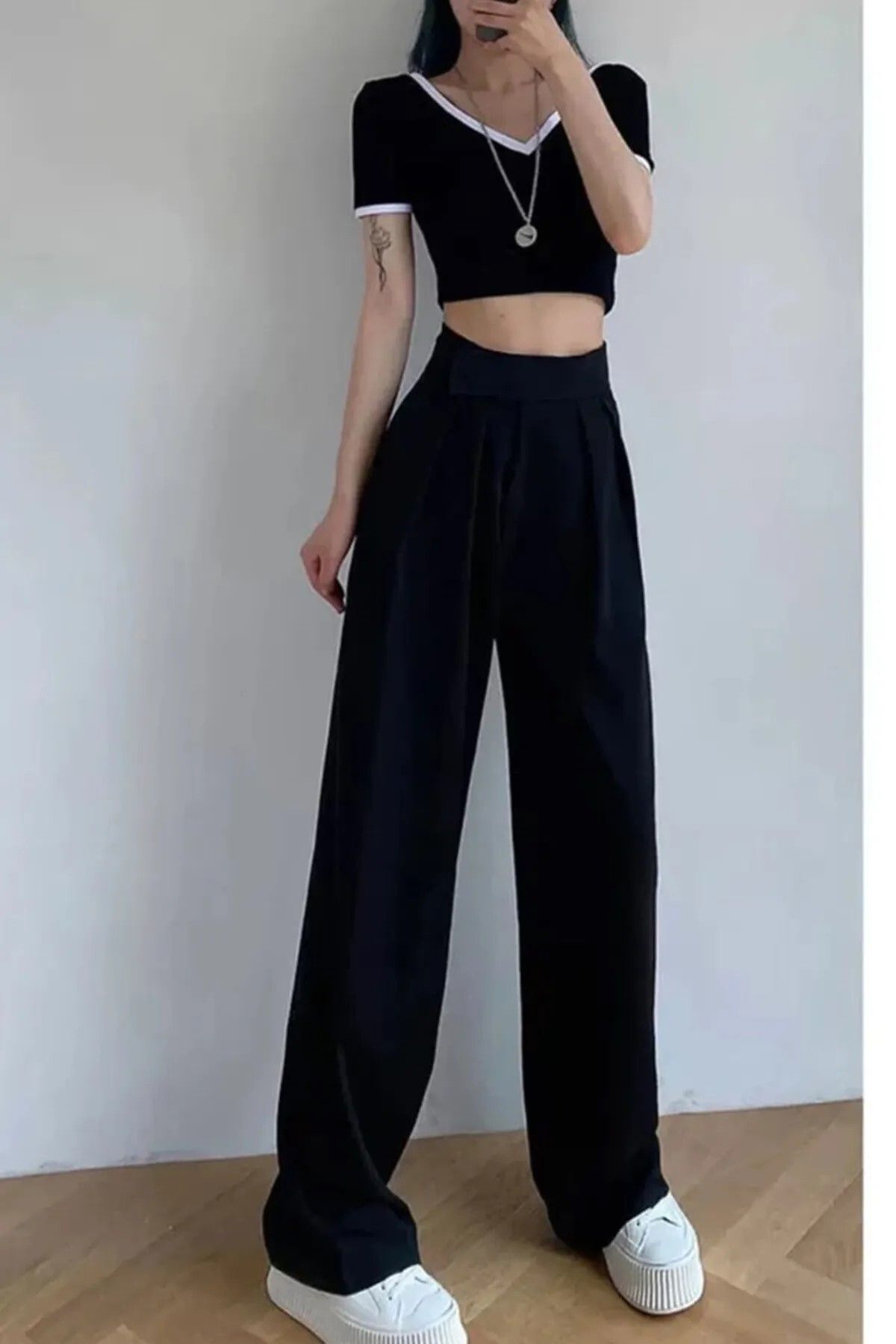 siriusum Yüksek Bel Esnek Belli Cırtlı siyah kumaş Pantolon