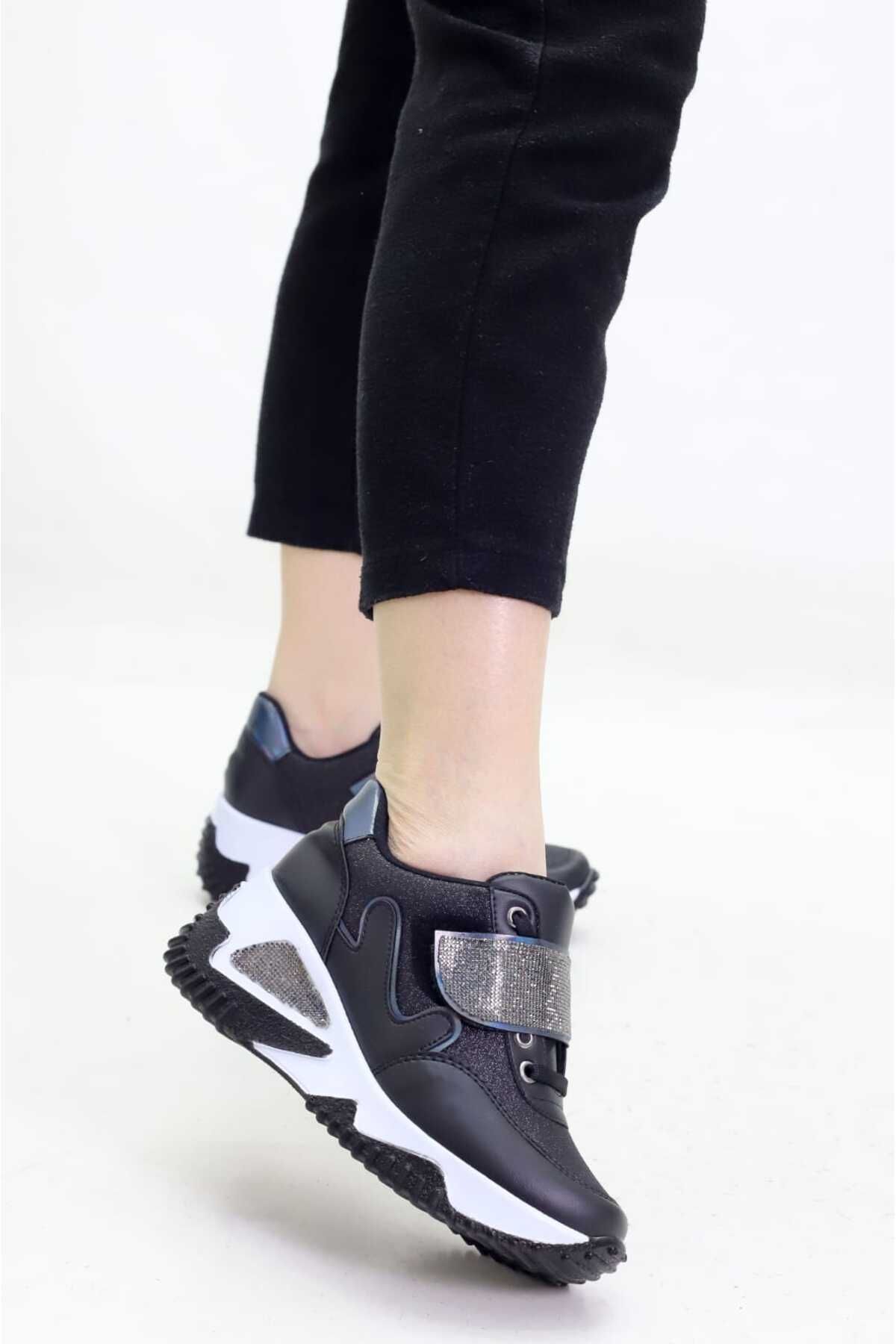 Weynes Kadın Siyah Simli Cırtlı Gizli Topuk Spor Ayakkabı Wsb0766