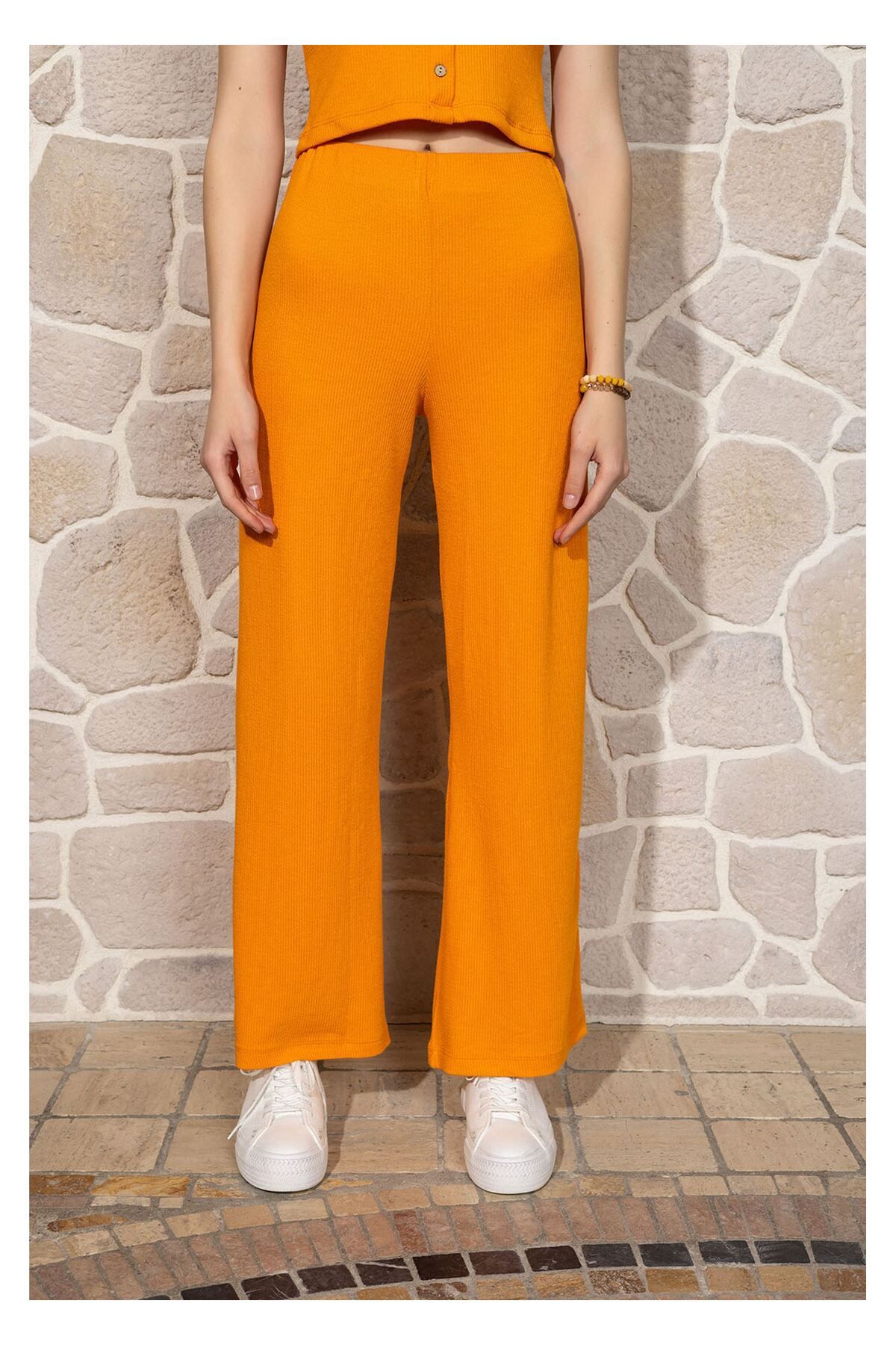 Tiffany Tomato Beli Lastikli Örme Pantolon-turuncu