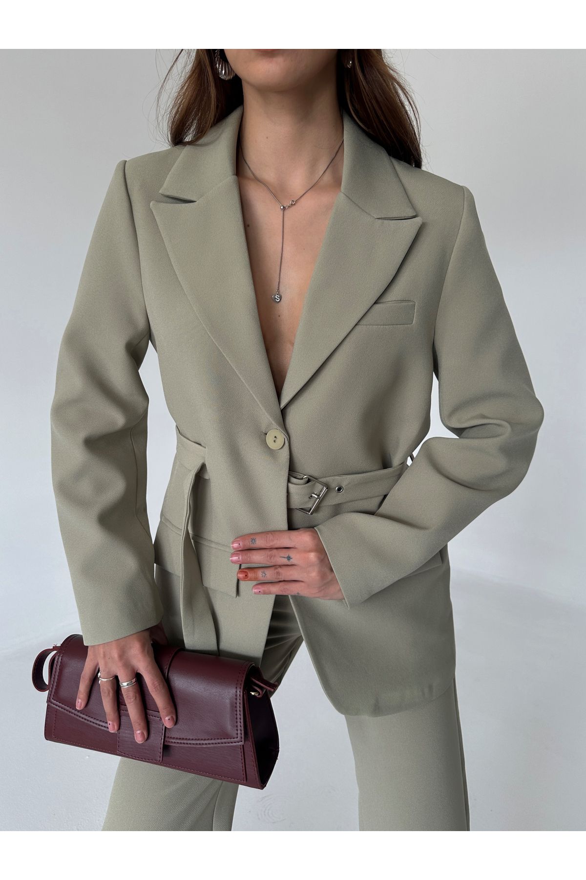 Laluvia Açık Haki Tasarım Kemerli Blazer Ceket