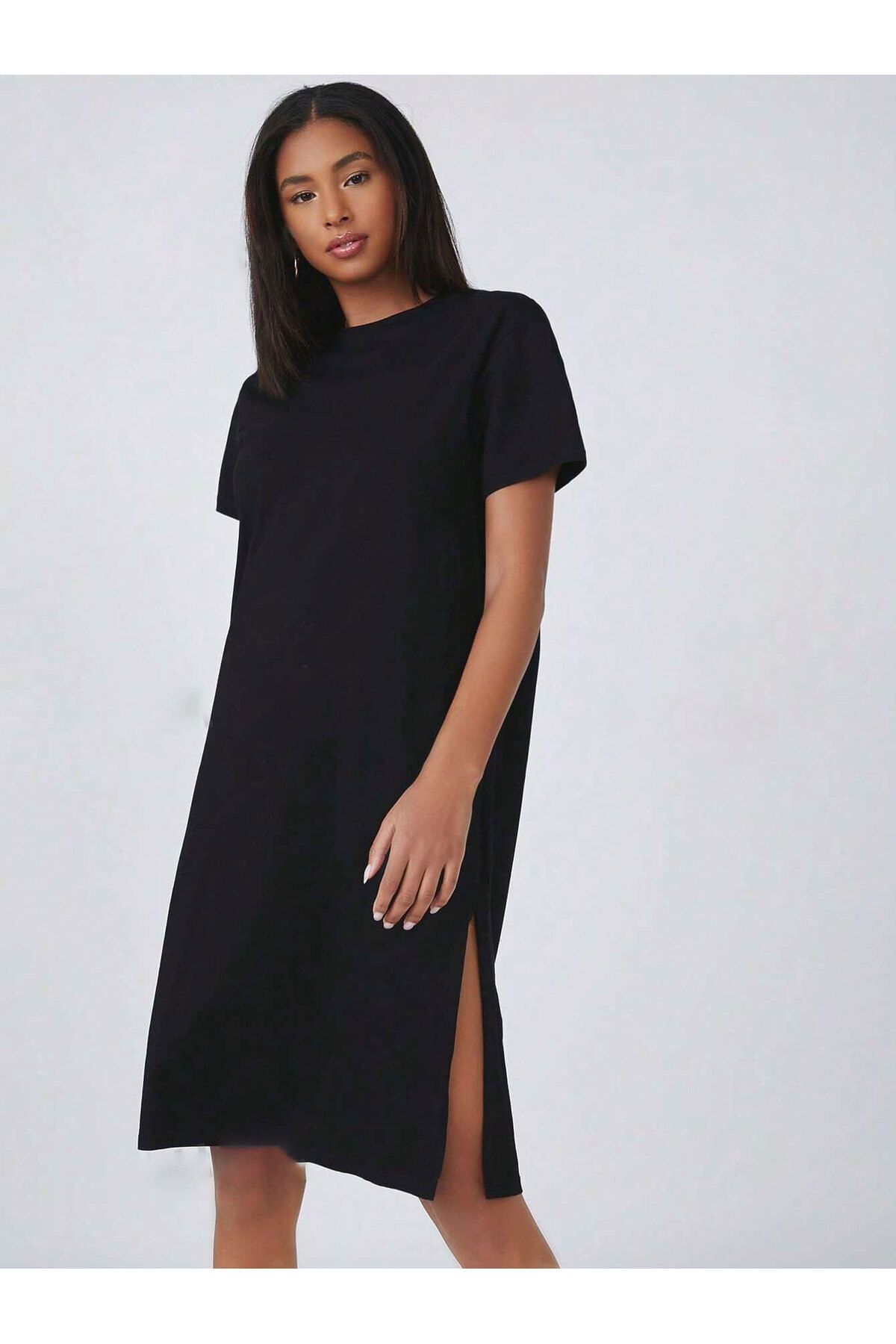 Know Kadın Siyah %100 Pamuk Yırtmaçlı Basic Elbise