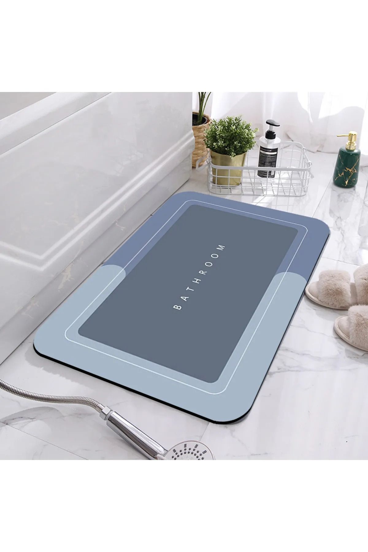 Neo Pazar Mavi Bathroom Yazılı Desenli Yıkanabilir Kaymaz Taban Tekli Banyo Paspası Halısı