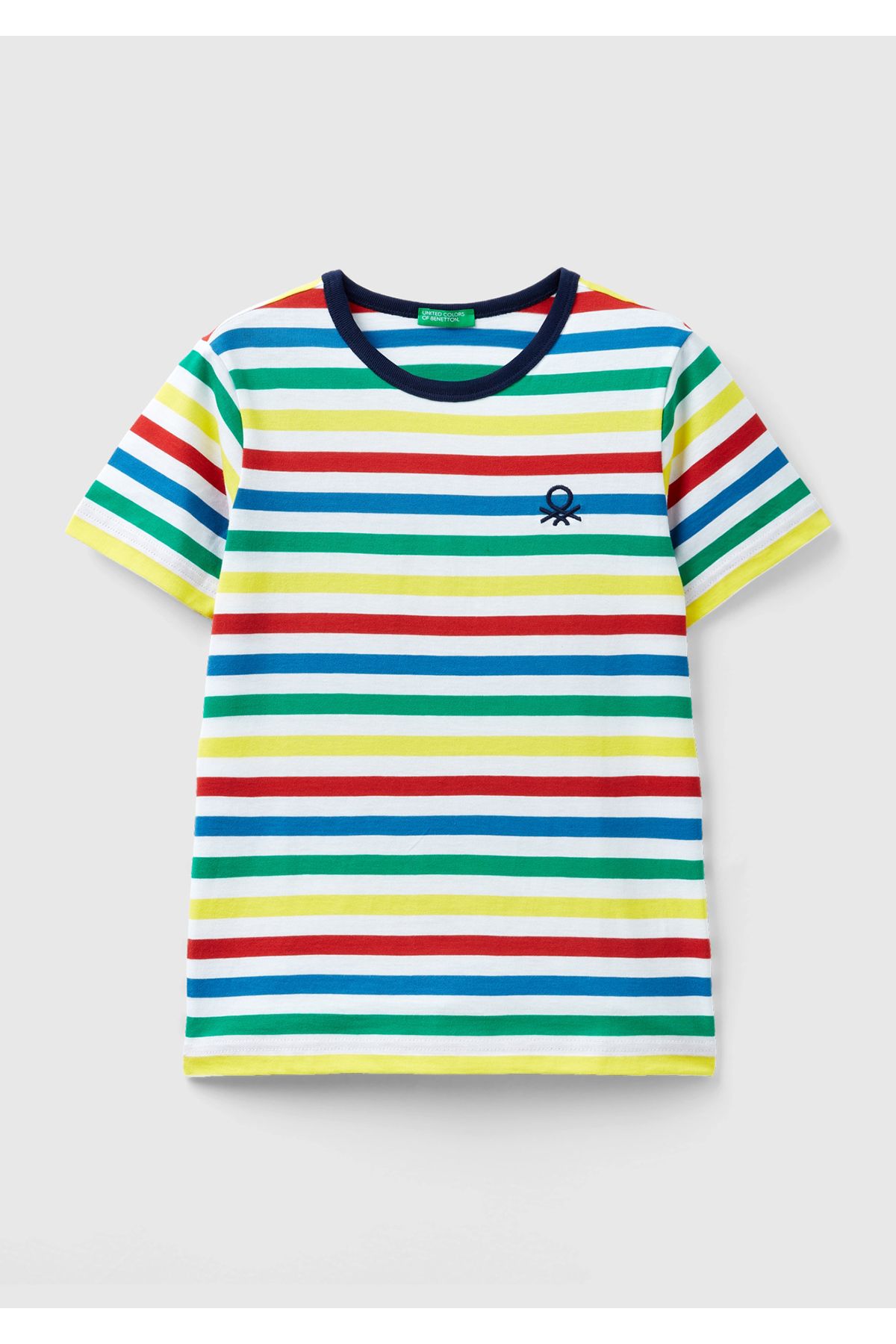 United Colors of Benetton Erkek Çocuk Renkli Mix Logo İşlemeli Yatay Çizgili Bisiklet Yaka Tişört