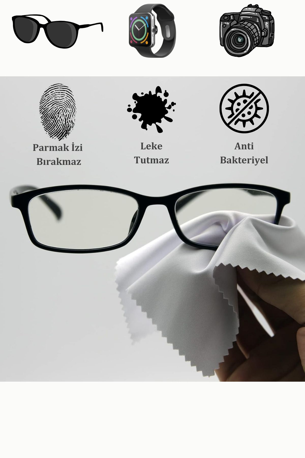 vosvera 5' Li Mikrofiber Gözlük, Kamera, Telefon Akıllı Saat Temizleme Bezi Beyaz 15x18 Cm