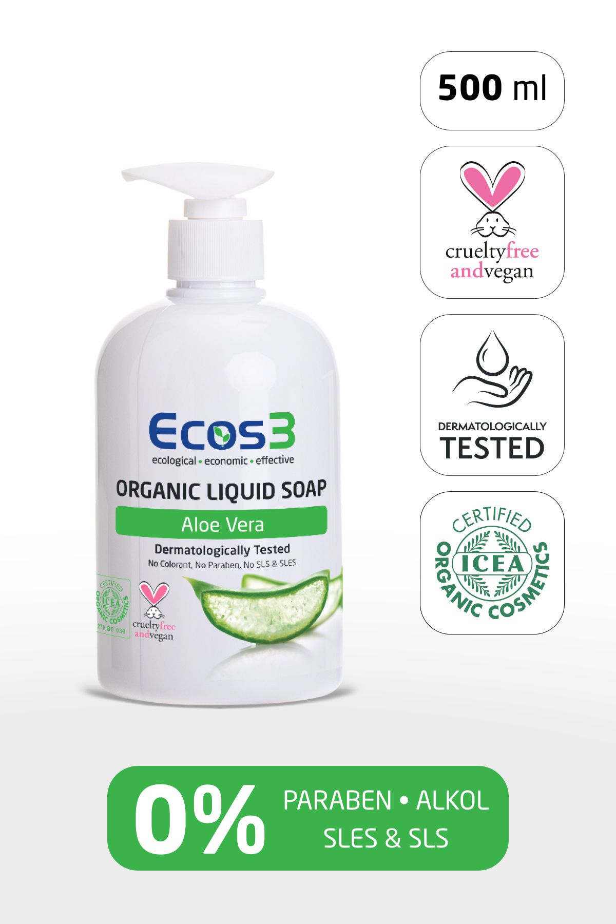 Ecos3 Sıvı Sabun, Organik & Vegan Sertifikalı, Ekolojik, Hipoalerjenik, Aloe Vera, 500ml