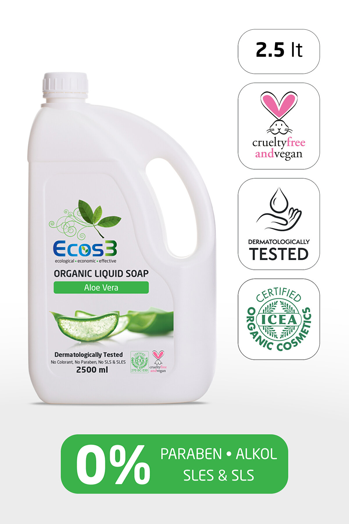 Ecos3 Sıvı Sabun, Organik & Vegan Sertifikalı, Ekolojik, Hipoalerjenik, Aloe Vera, 2500ml