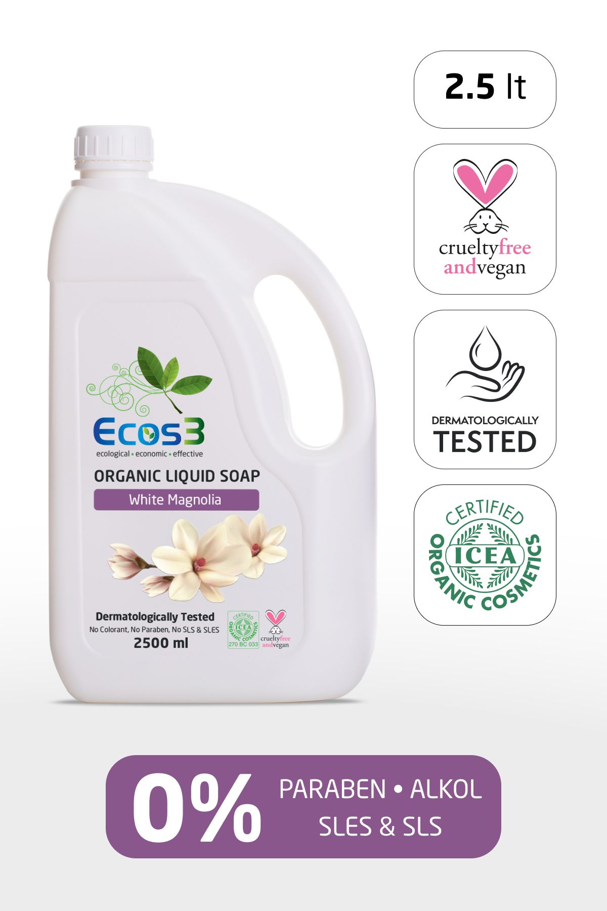 Ecos3 Sıvı Sabun, Organik & Vegan Sertifikalı, Ekolojik, Hipoalerjenik, Beyaz Manolya, 2500ml