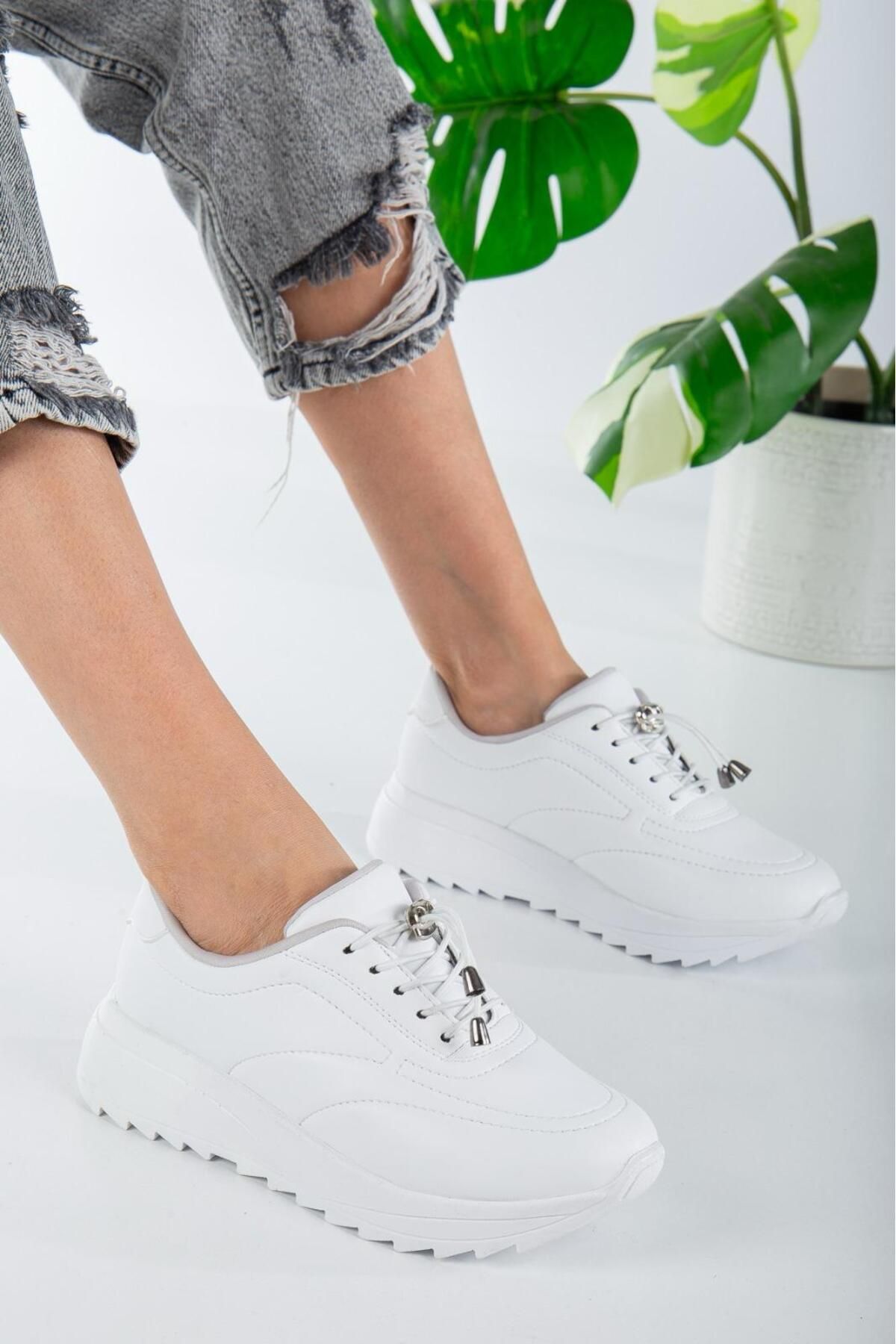 welasca Kadın Beyaz Rahat Şık Günlük Spor  Sneaker Ayakkabı